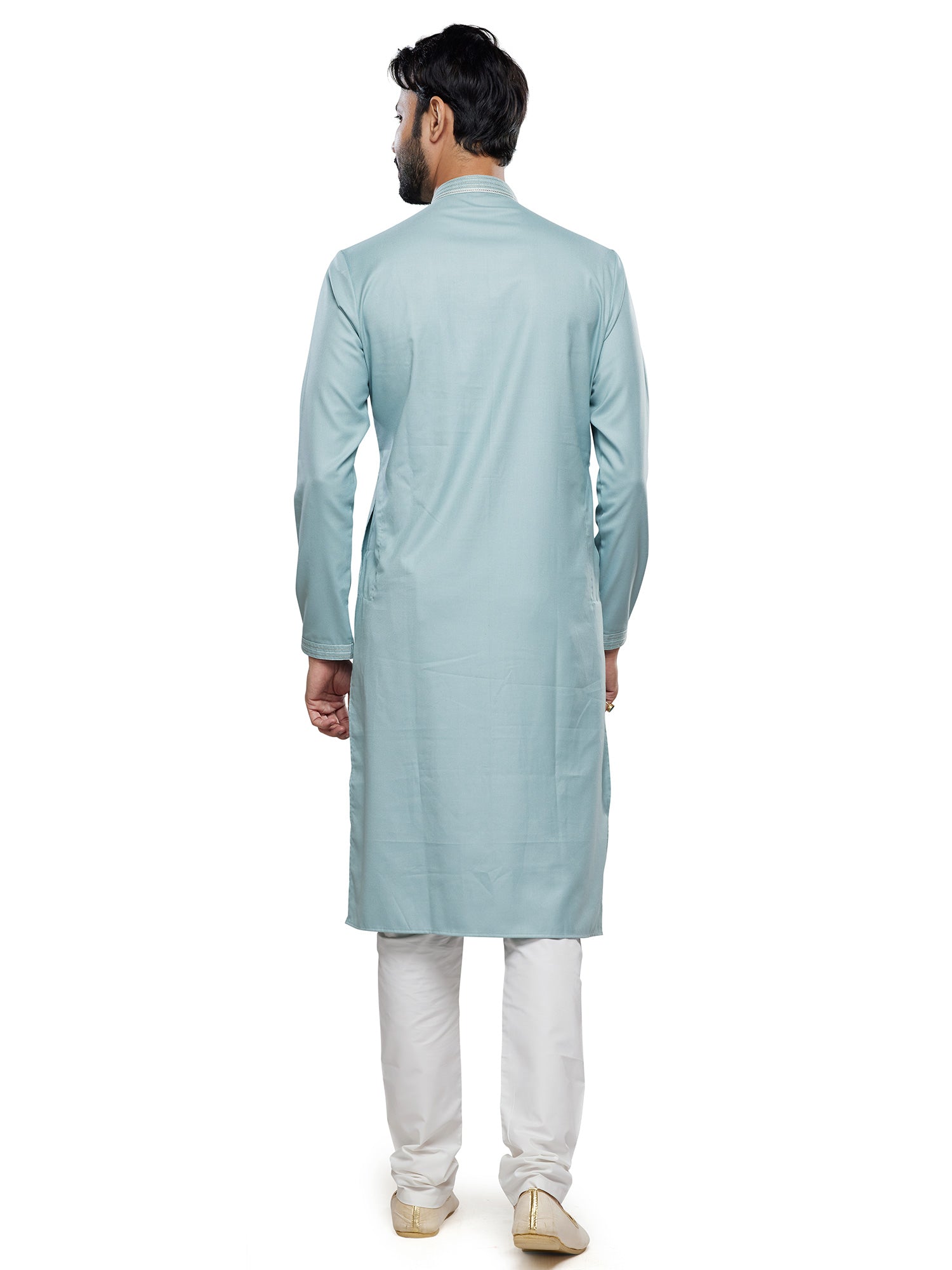 Light Blue Mens Kurta Pyjama Readymade Set In Silk