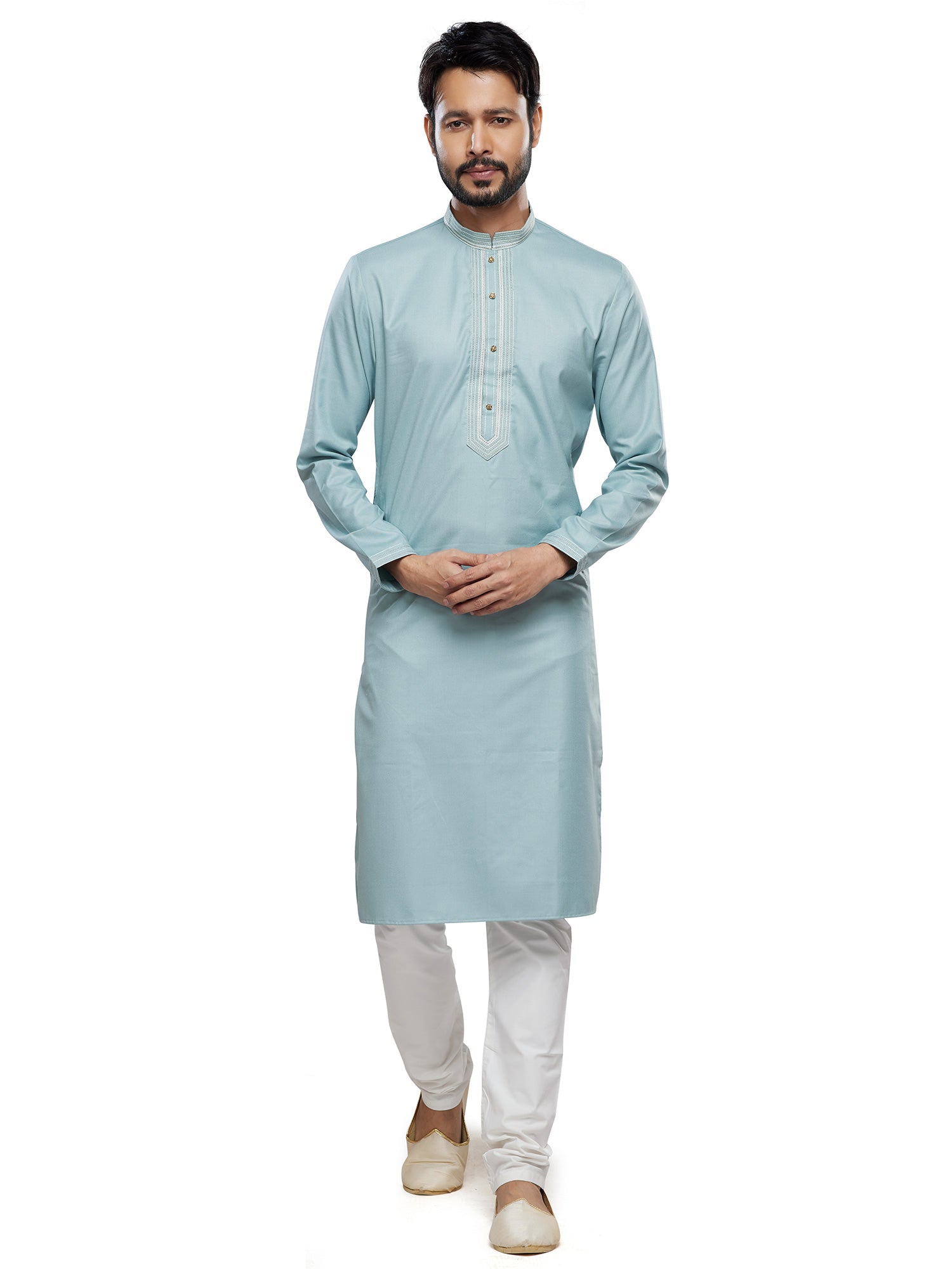 Light Blue Mens Kurta Pyjama Readymade Set In Silk