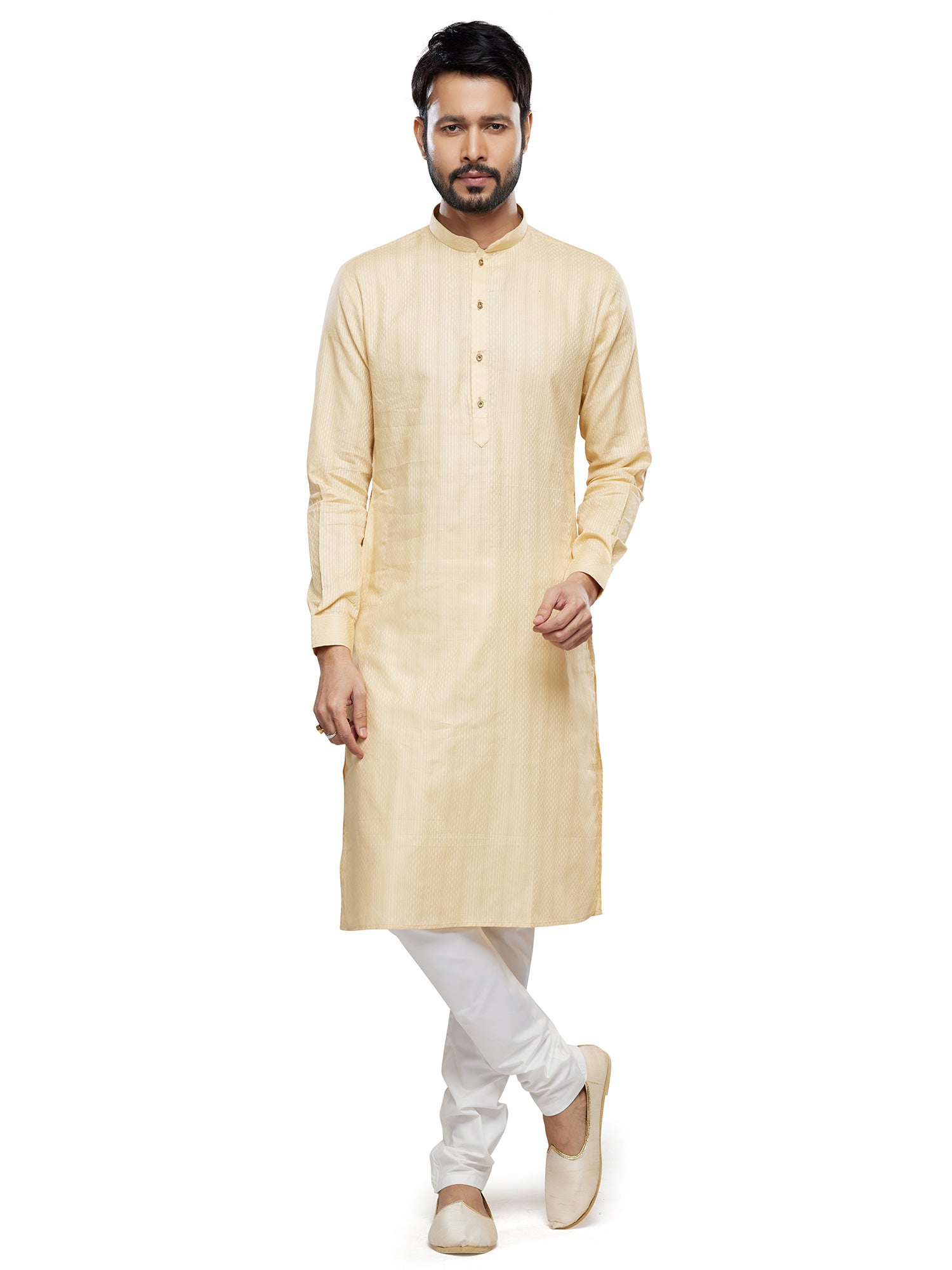 Cream Mens Readymade Kurta Pyjama Set In Silk