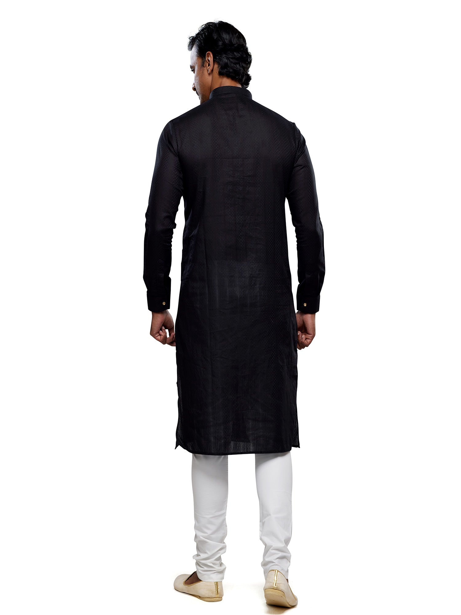 Black Mens Readymade Kurta With Churidaar In Silk