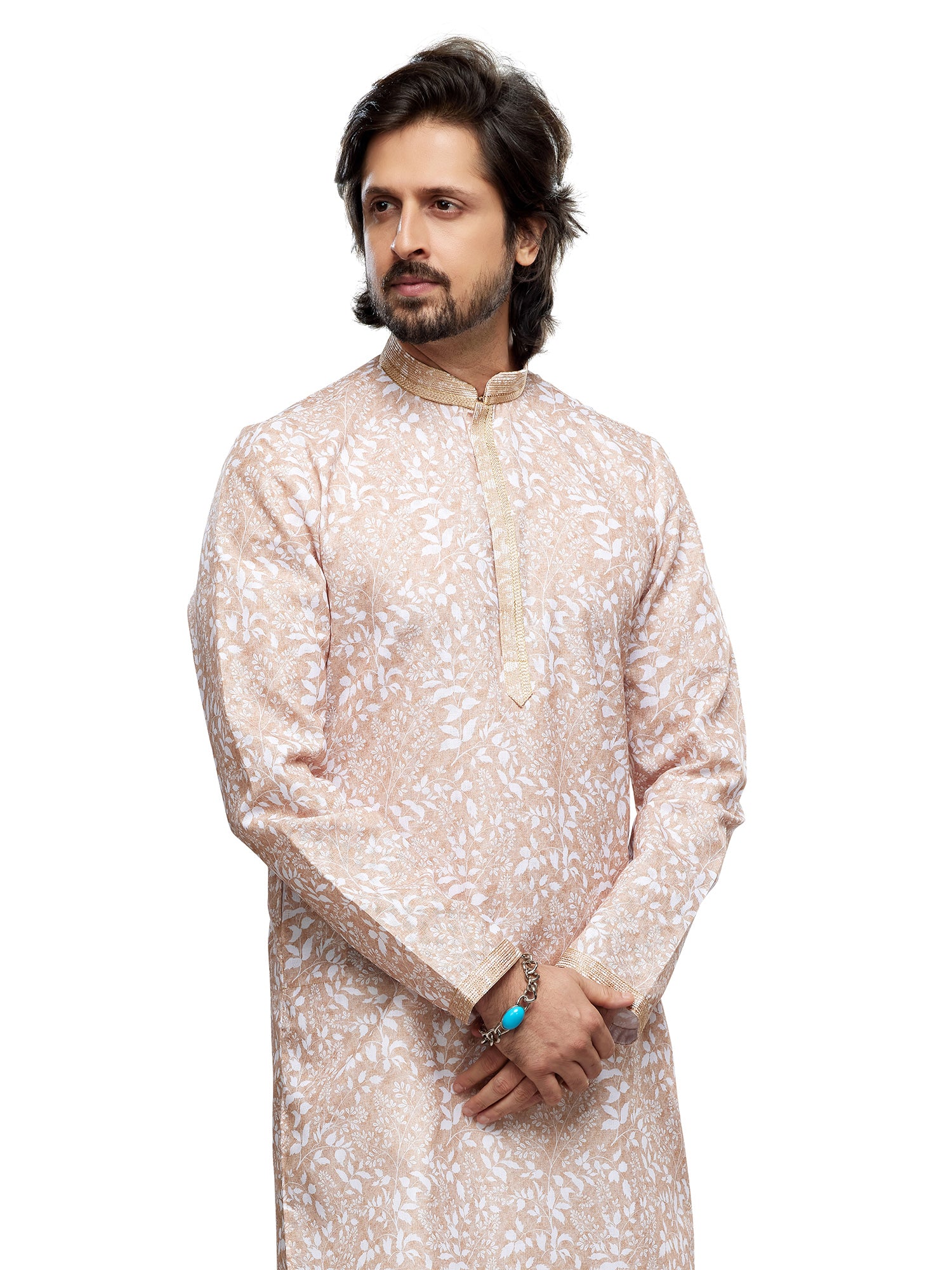 Beige Digitally Printed Readymade Kurta Pyjama