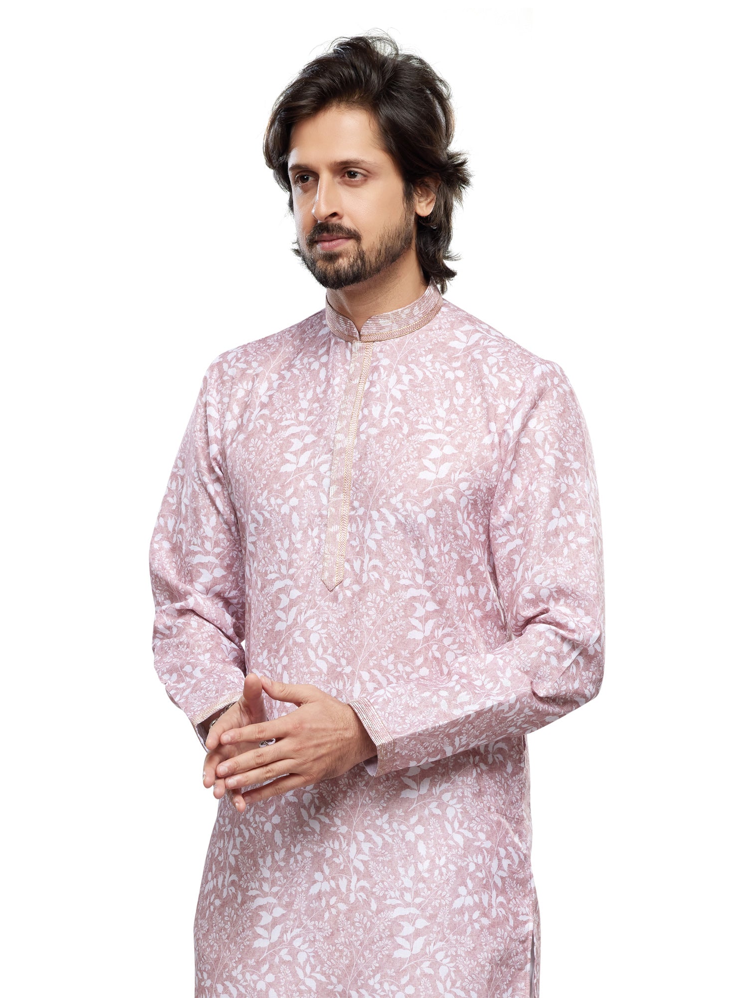 Pink Mens Printed Readymade Kurta PyjamaIn Silk