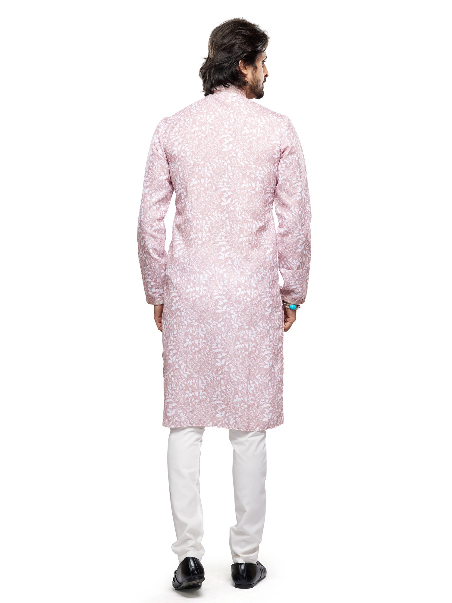 Pink Mens Printed Readymade Kurta PyjamaIn Silk