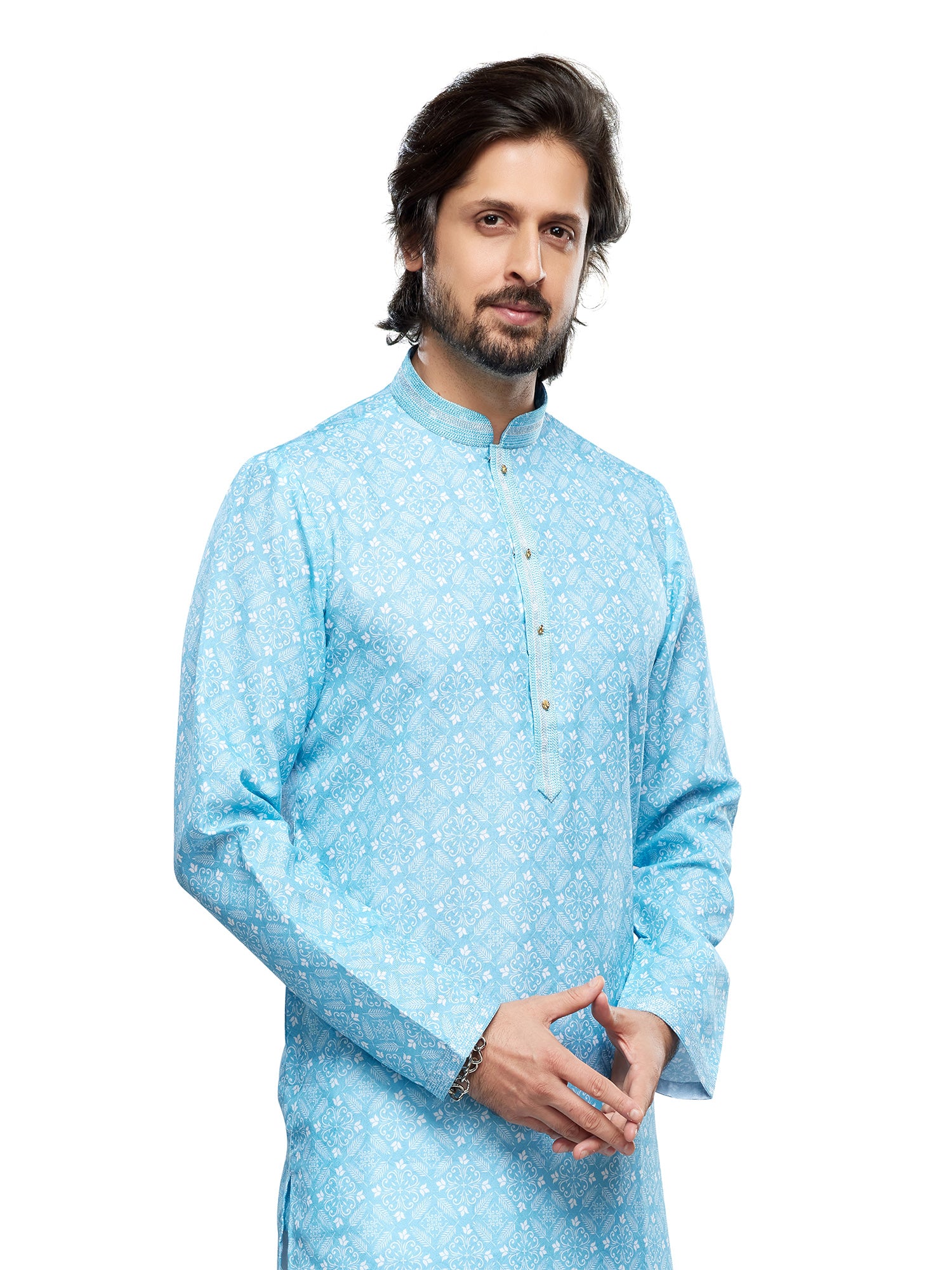 Sky Blue Readymade Mens Printed Kurta Pyjama