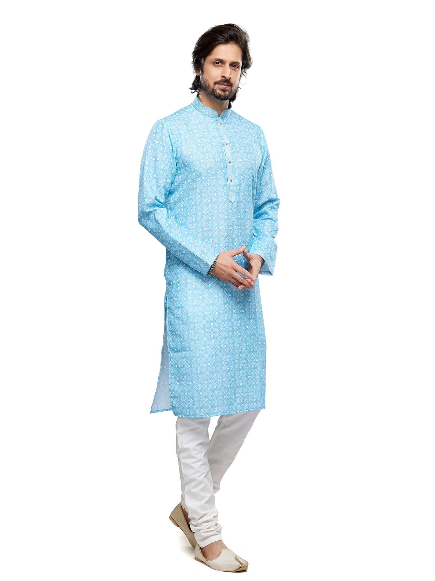 Sky Blue Readymade Mens Printed Kurta Pyjama