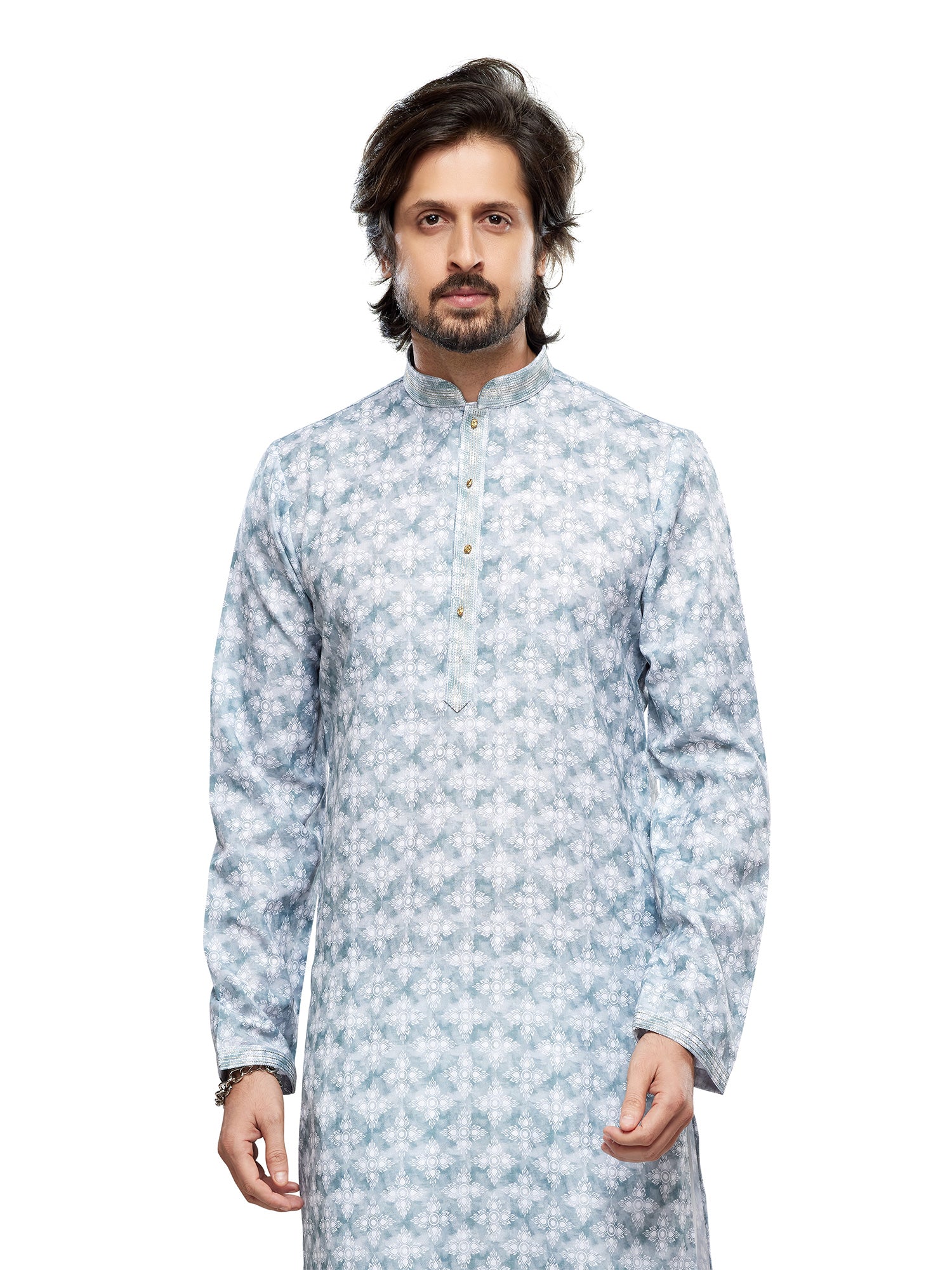 Blue Readymade Silk Kurta Pyjama In Digital Print