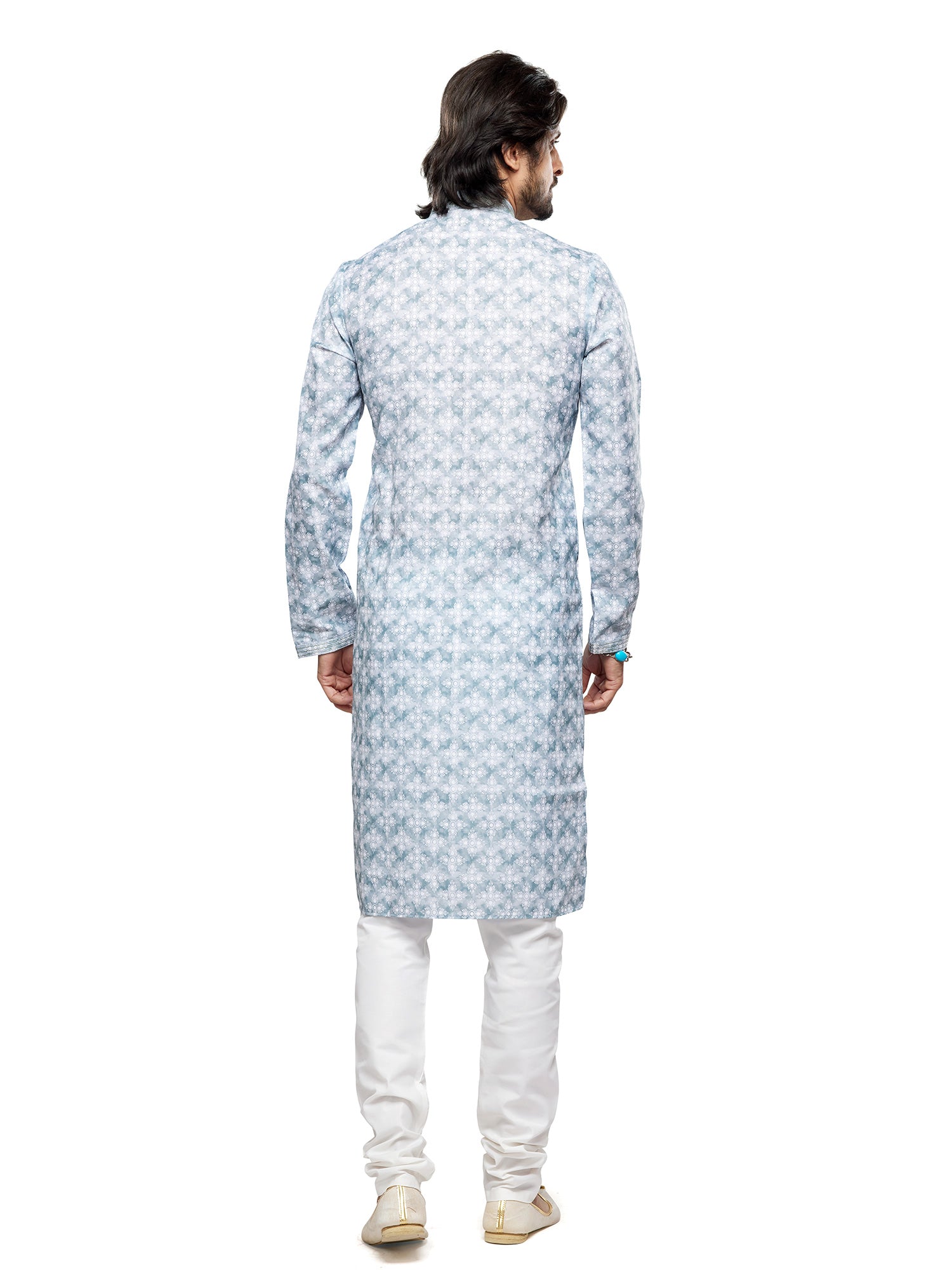 Blue Readymade Silk Kurta Pyjama In Digital Print