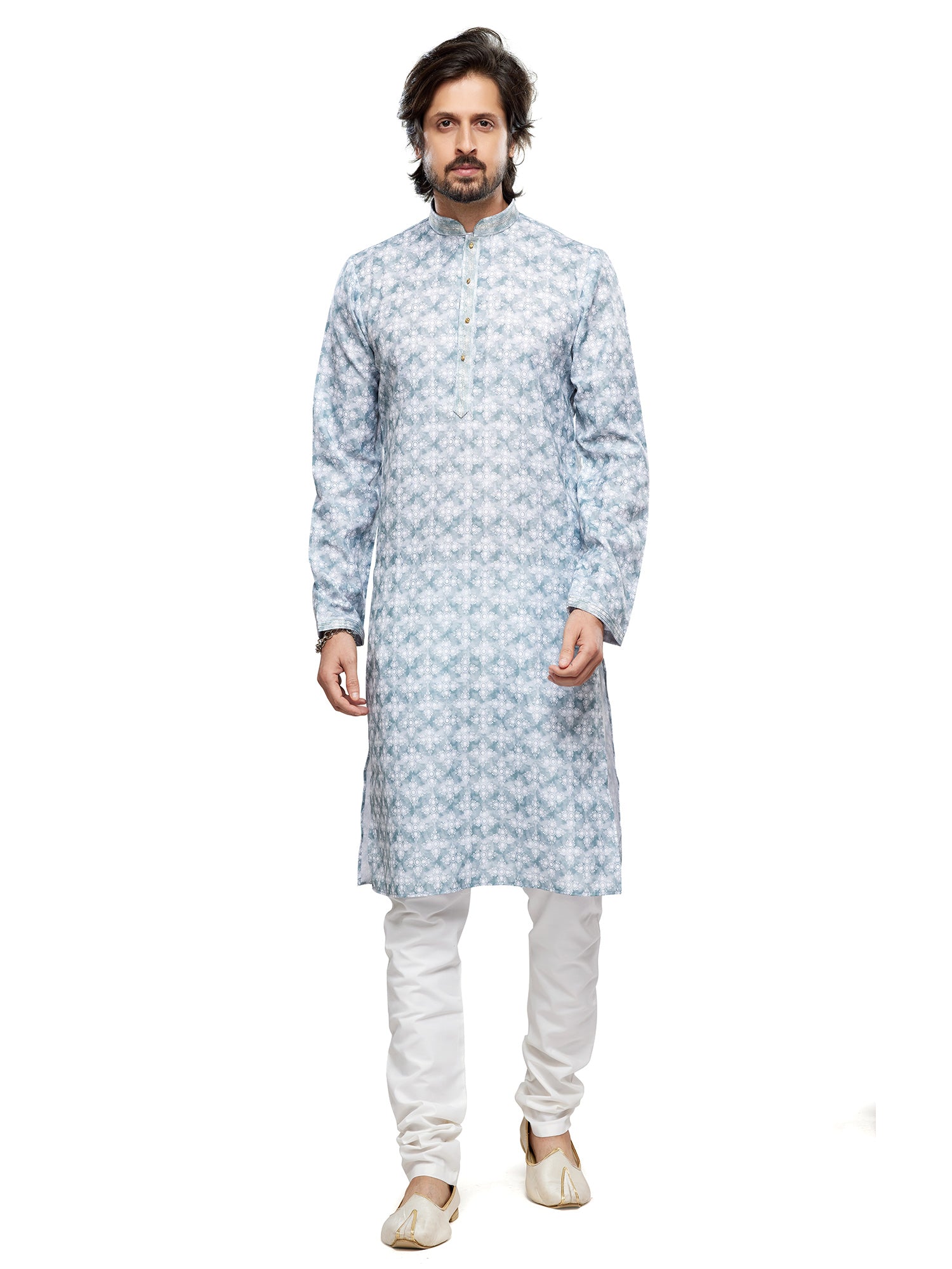 Blue Readymade Silk Kurta Pyjama In Digital Print