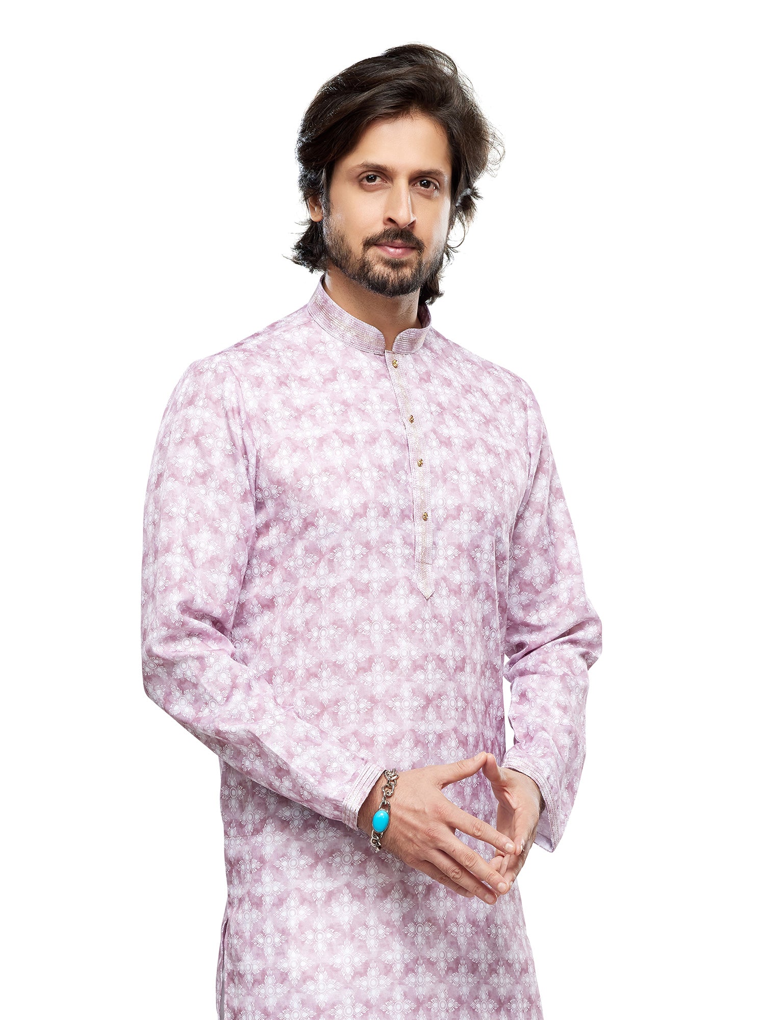 Pink Digitally Printed Readymade Kurta For Mens