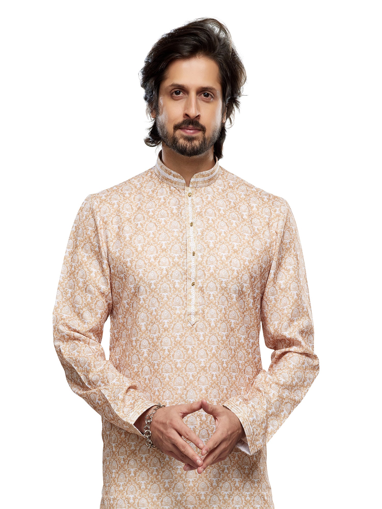 Beige Readymade Festive Kurta Pyjama In Print