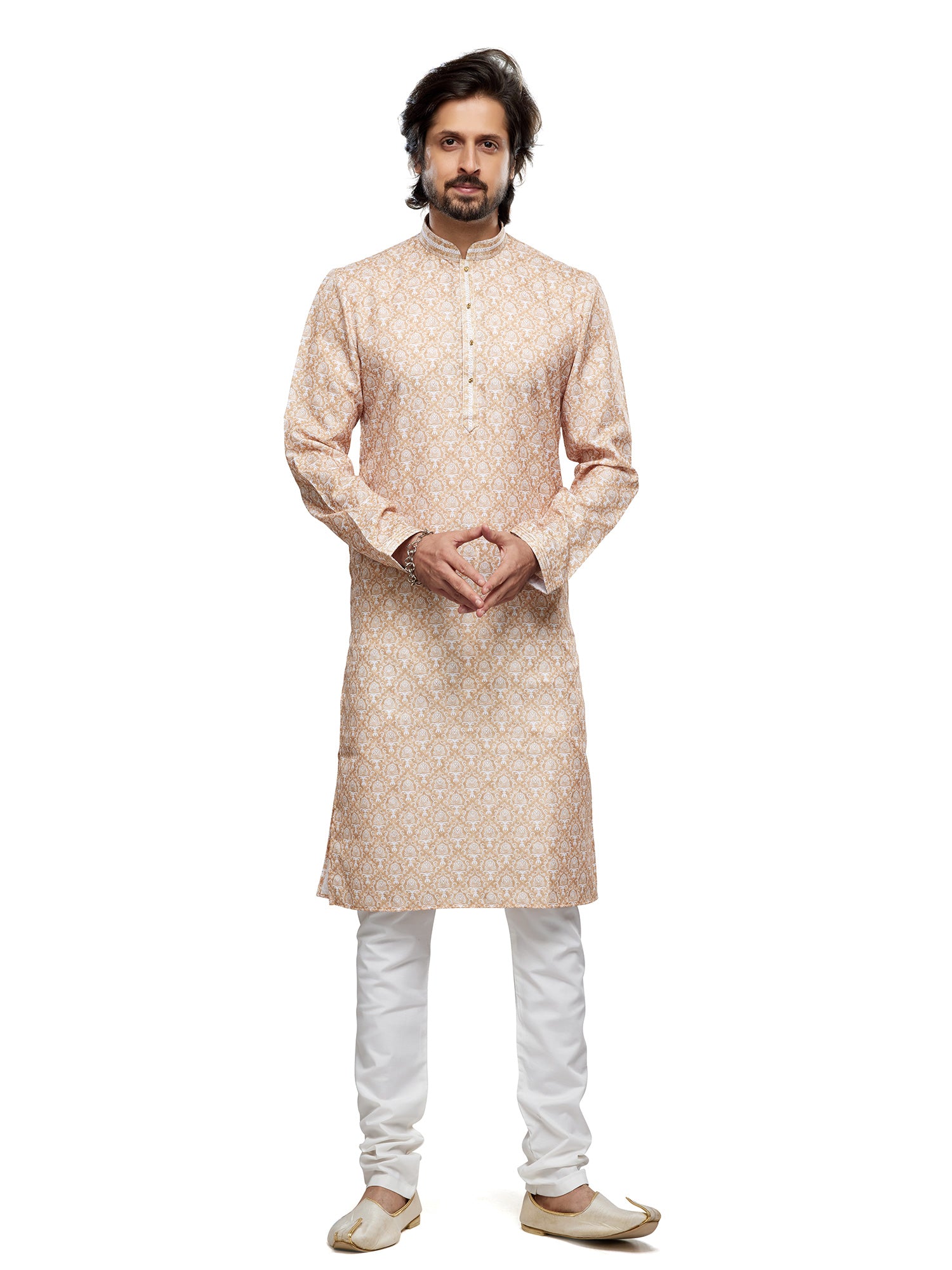 Beige Readymade Festive Kurta Pyjama In Print