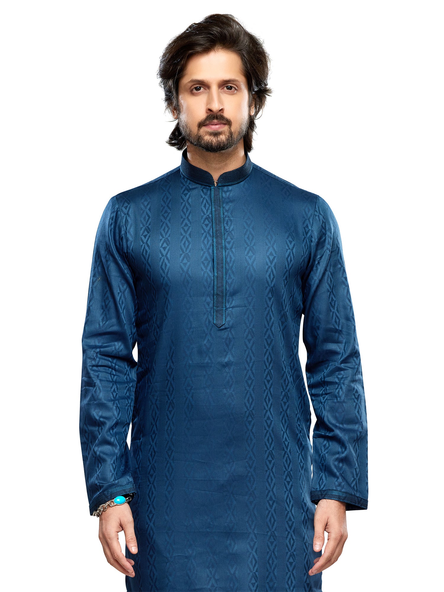 Deep Blue Mens Readymade Kurta Pyjama In Print