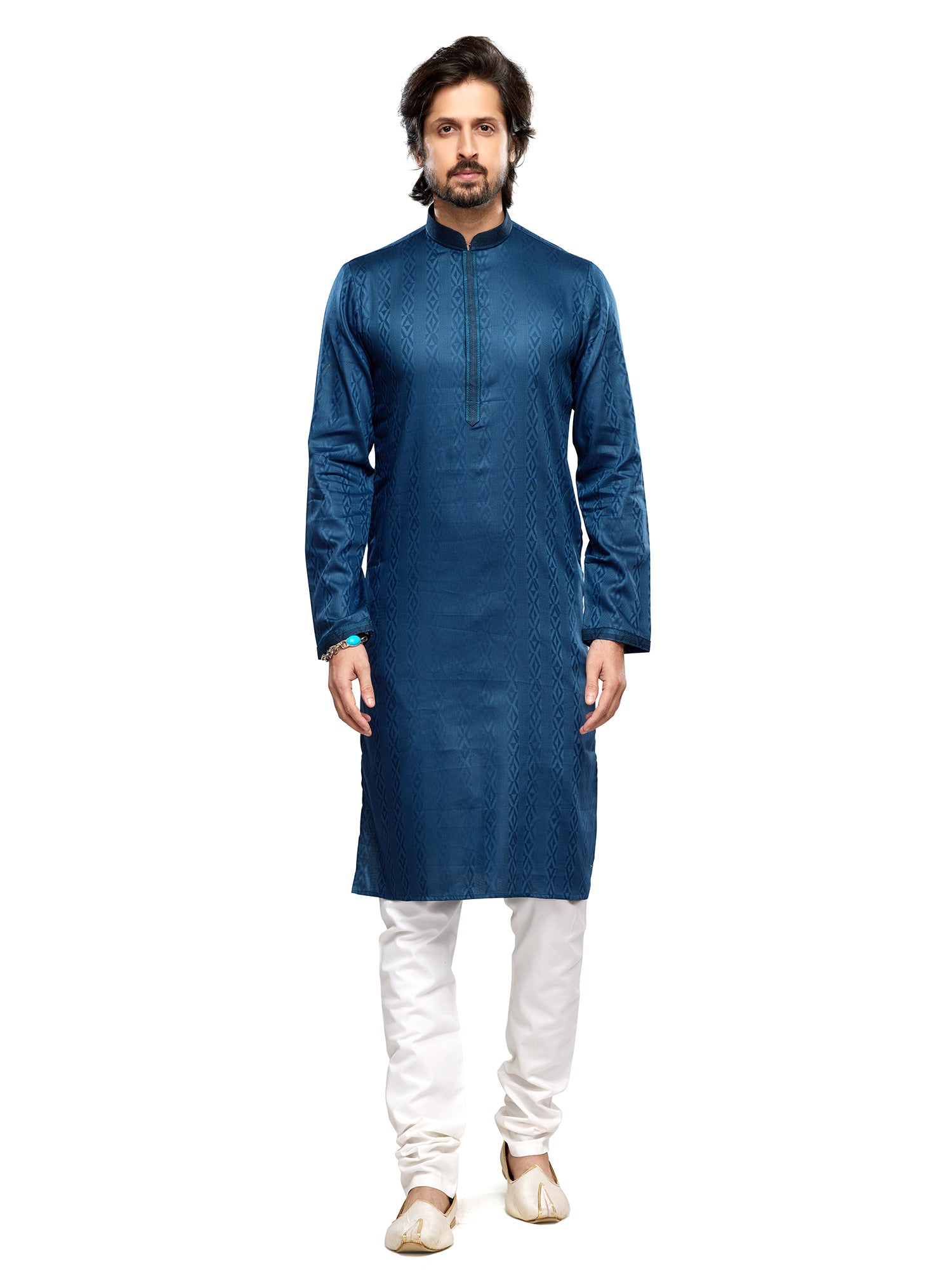 Deep Blue Mens Readymade Kurta Pyjama In Print