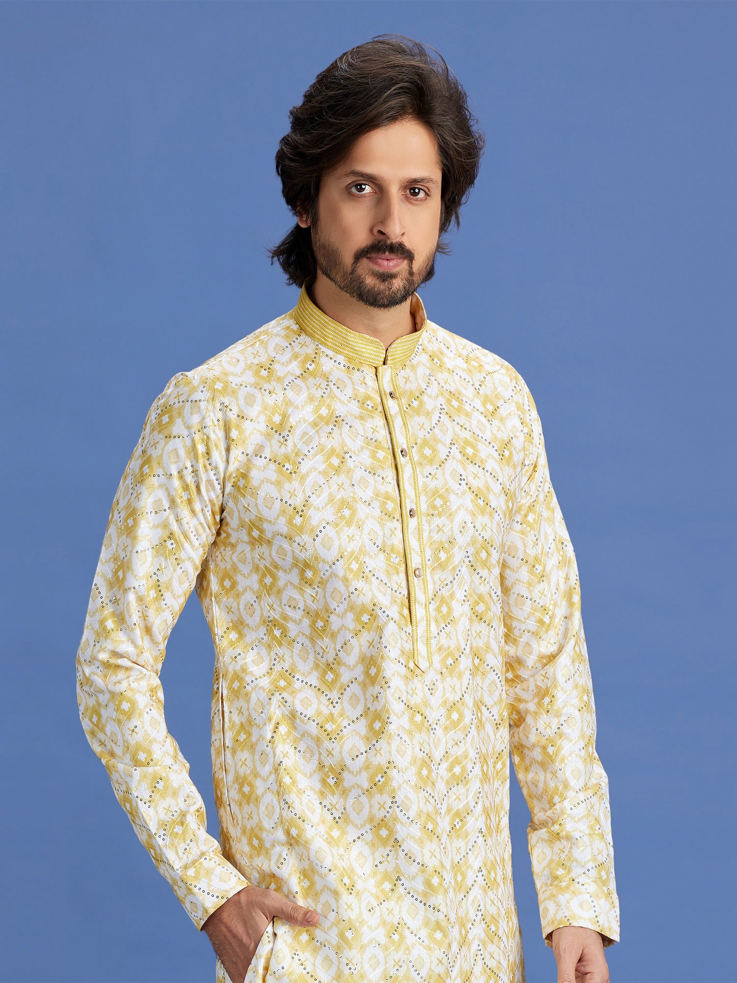 Yellow Printed Readymade Kurta Pyjama For Mens