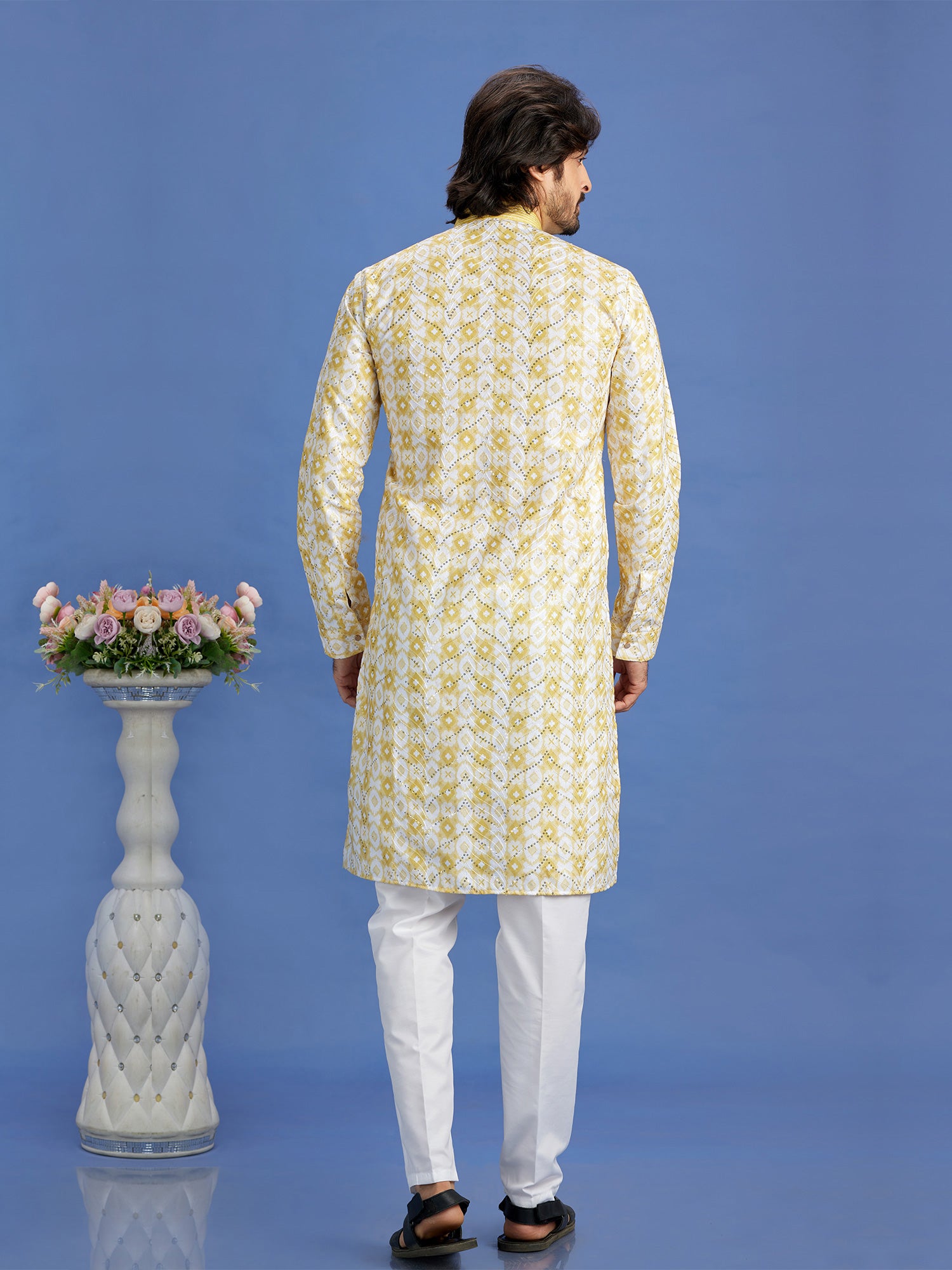 Yellow Printed Readymade Kurta Pyjama For Mens
