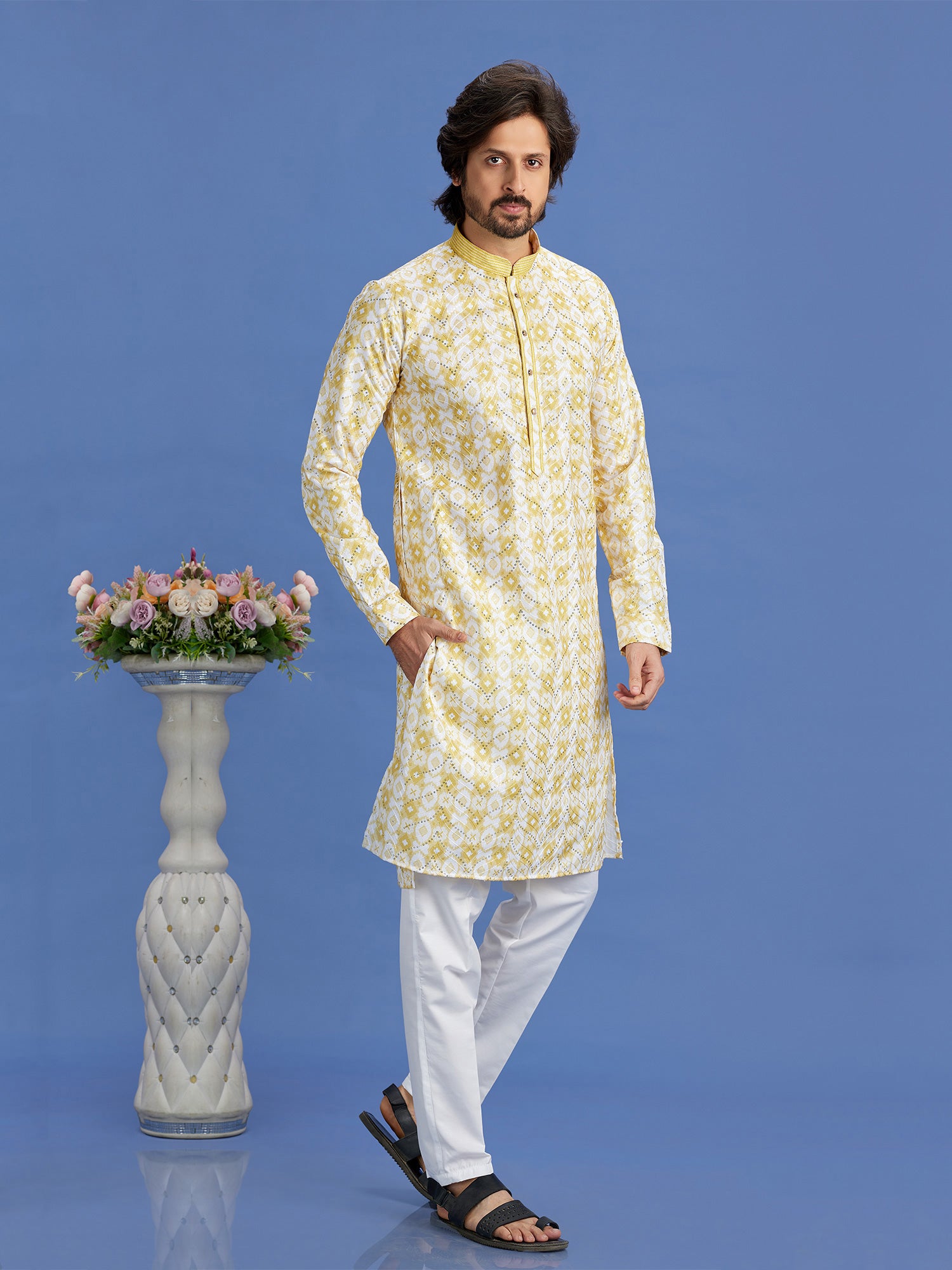 Yellow Printed Readymade Kurta Pyjama For Mens