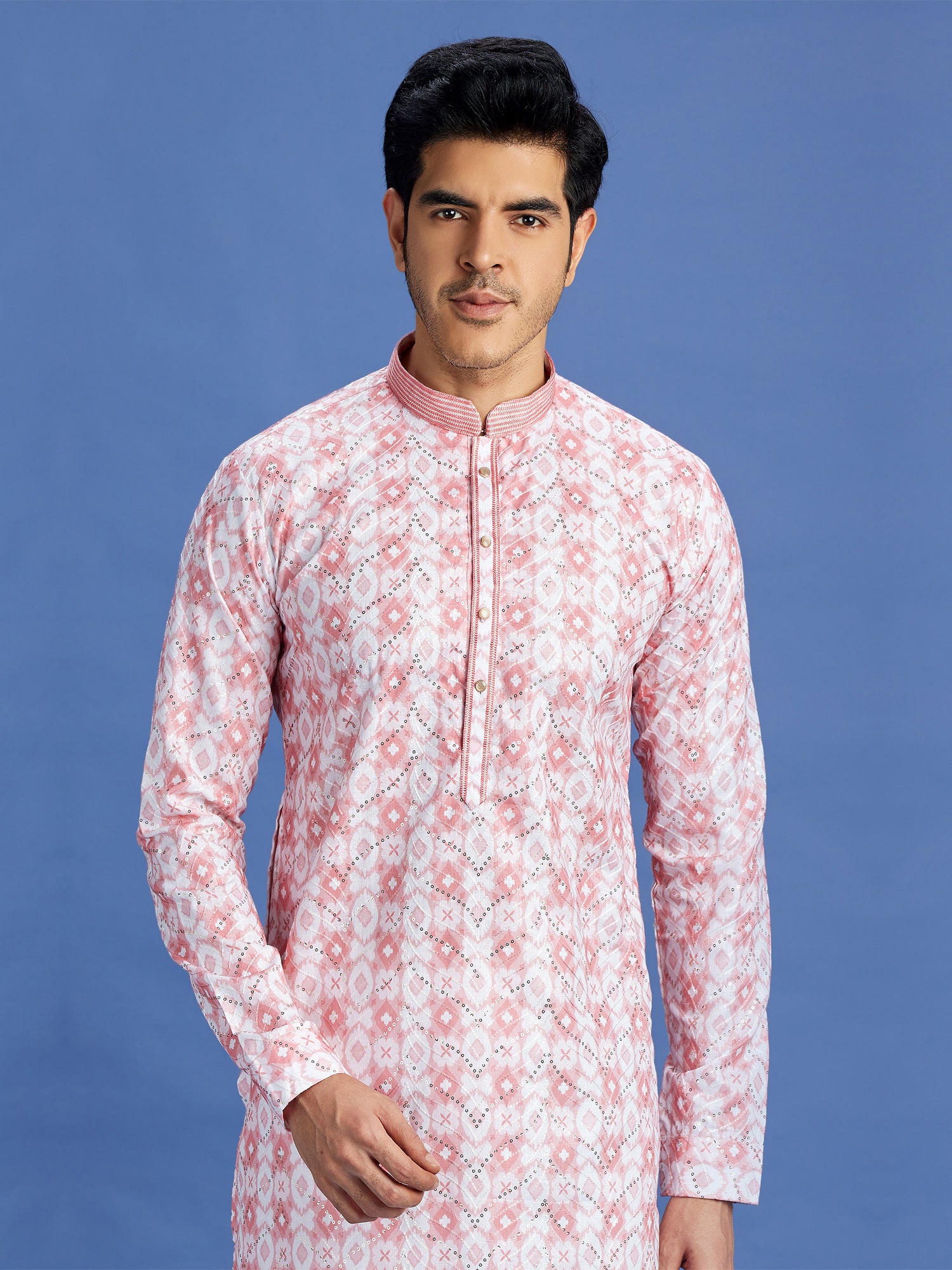 Light Pink Readymade Cotton Kurta Pyjama Set For Mens
