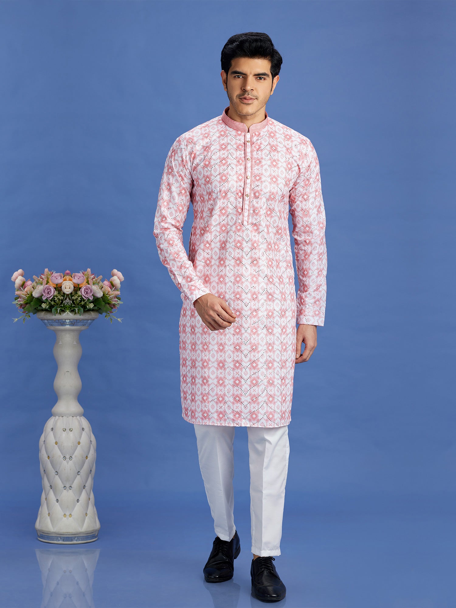 Light Pink Readymade Cotton Kurta Pyjama Set For Mens