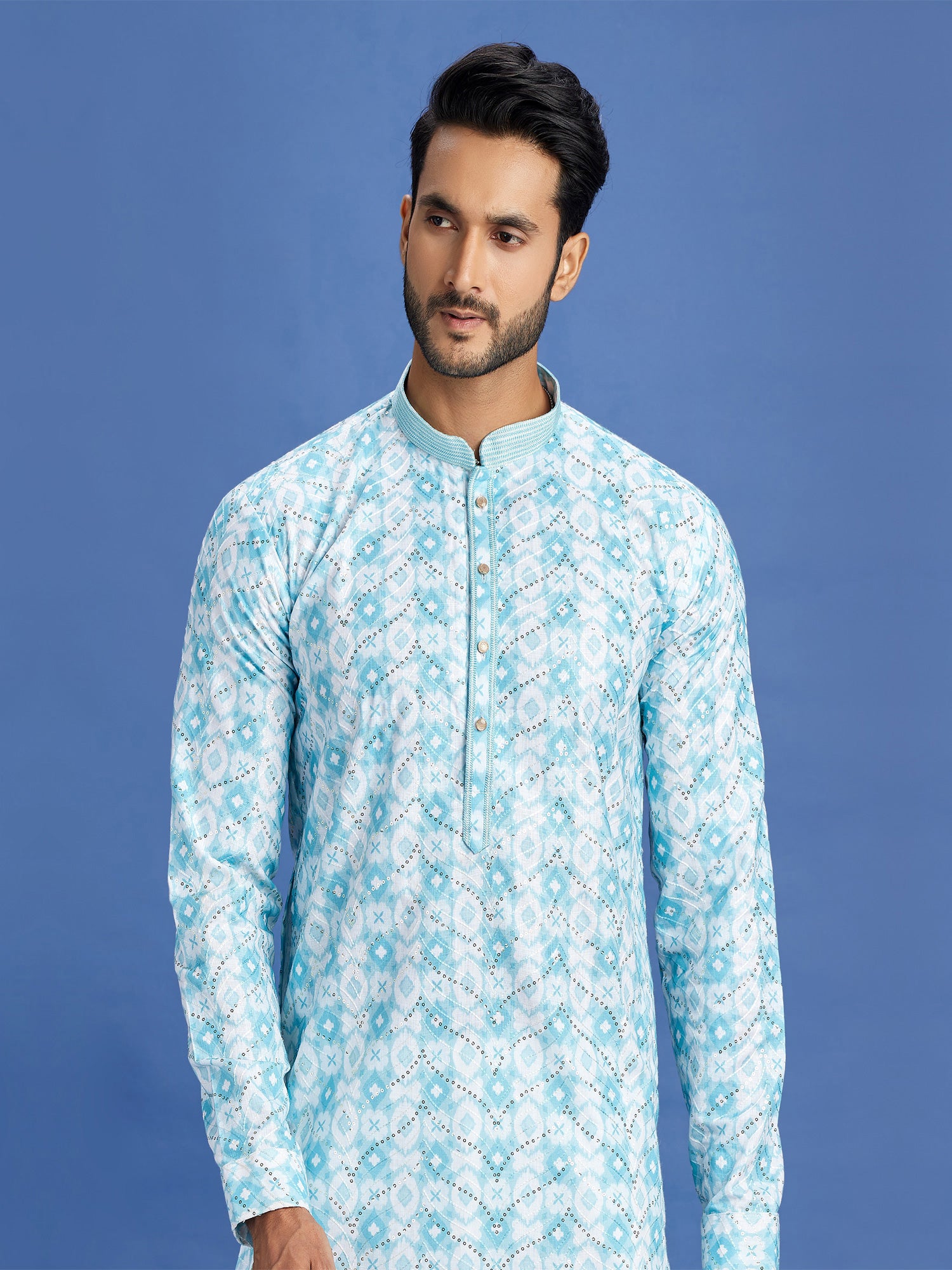 Light Blue Mens Kurta Pyjama Set In Cotton