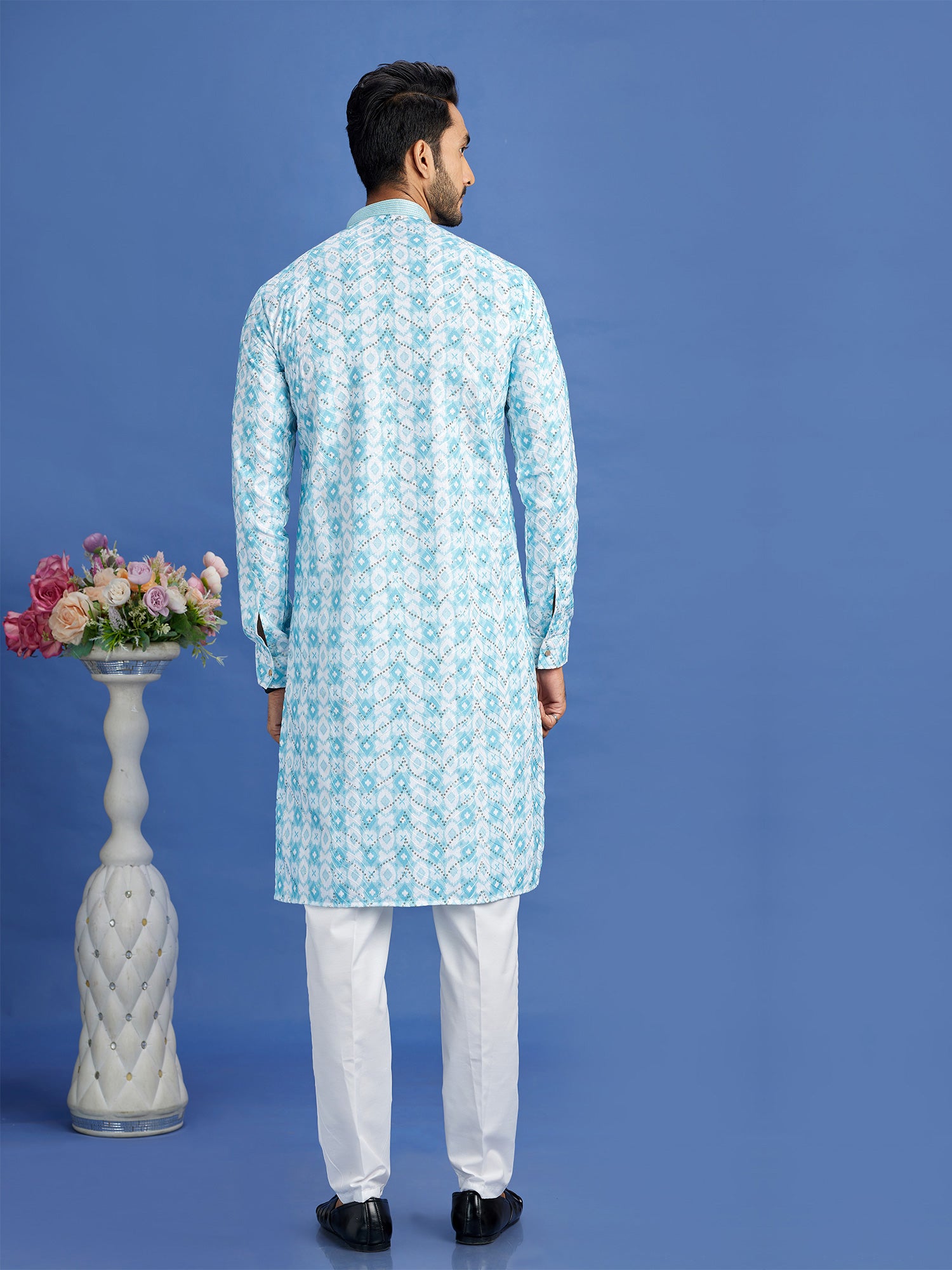 Light Blue Mens Kurta Pyjama Set In Cotton