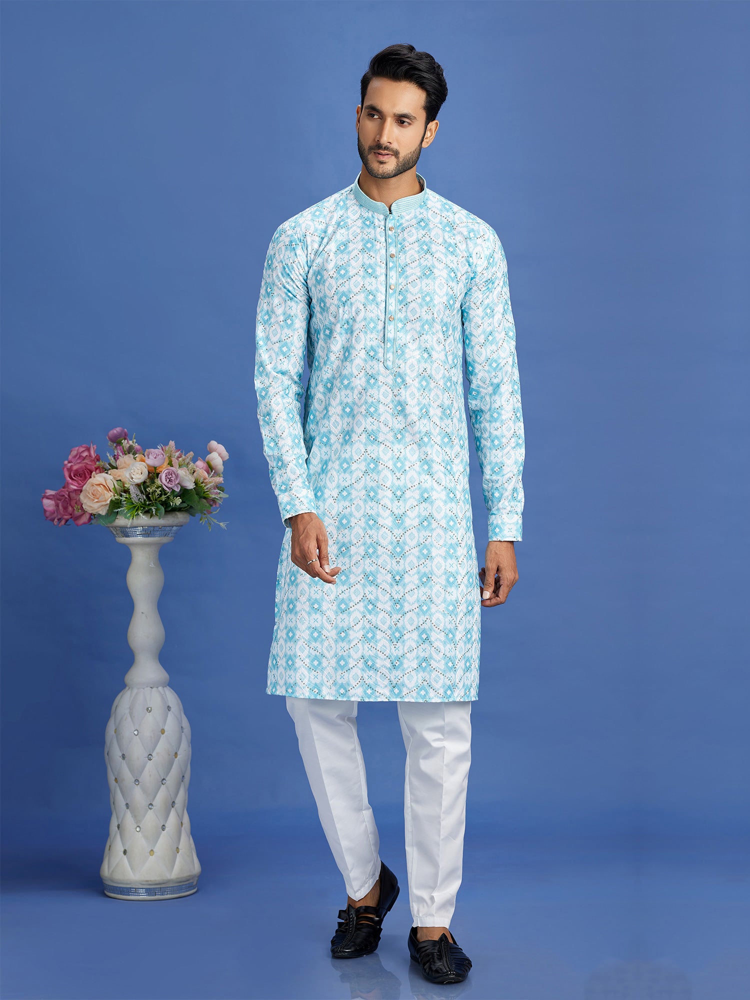 Light Blue Mens Kurta Pyjama Set In Cotton