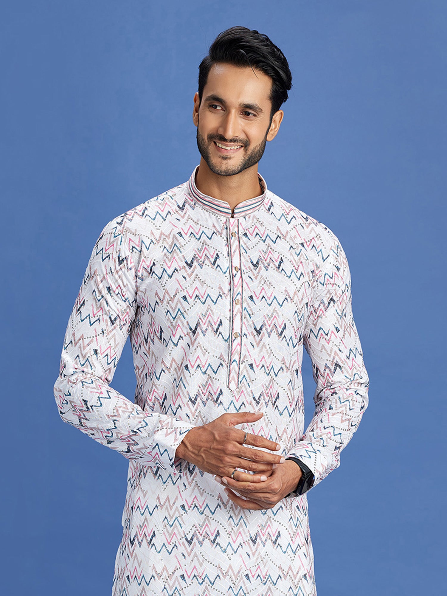 White Readymade Printed Kurta Pyjama Set In Cotton