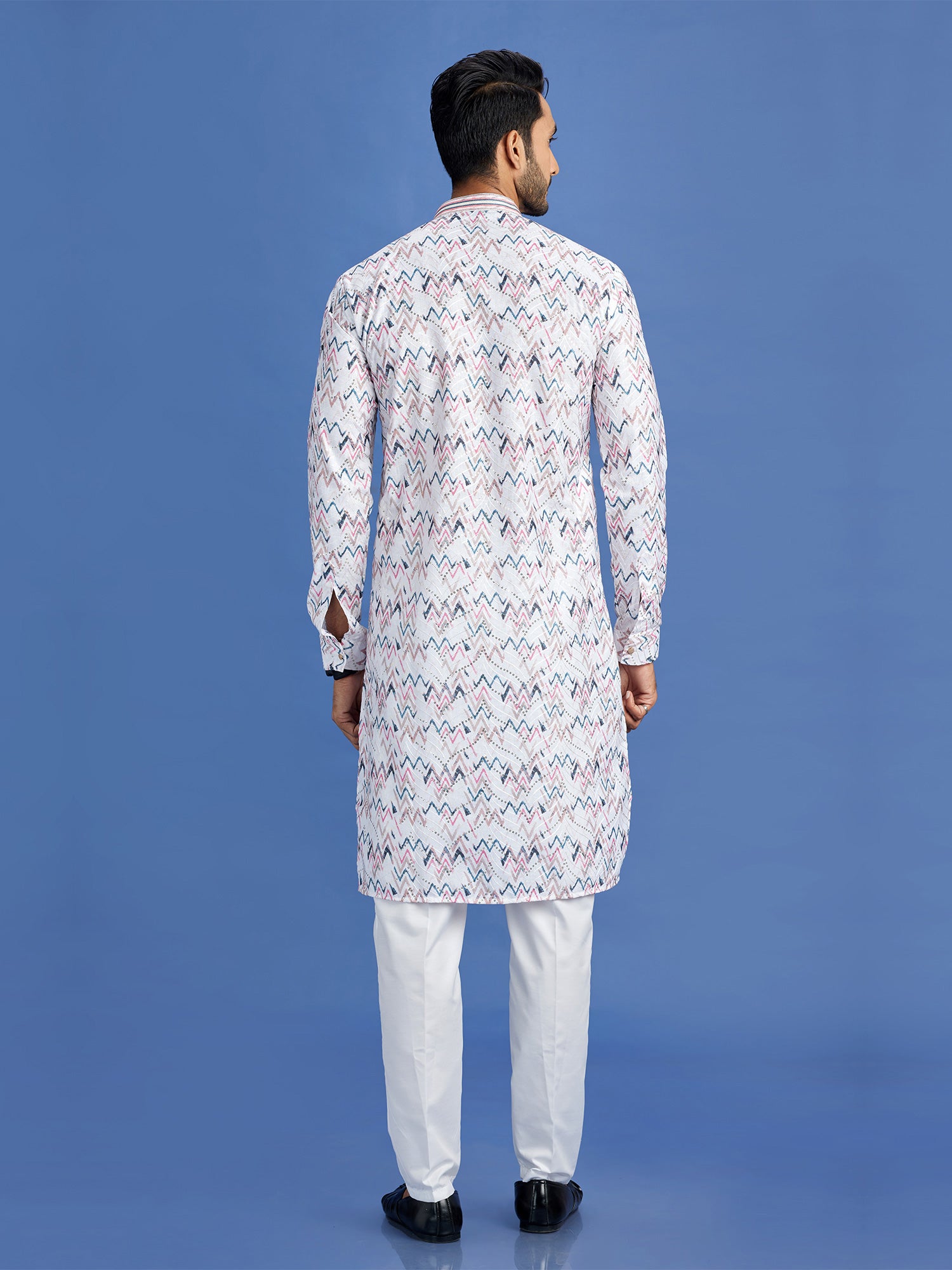 White Readymade Printed Kurta Pyjama Set In Cotton