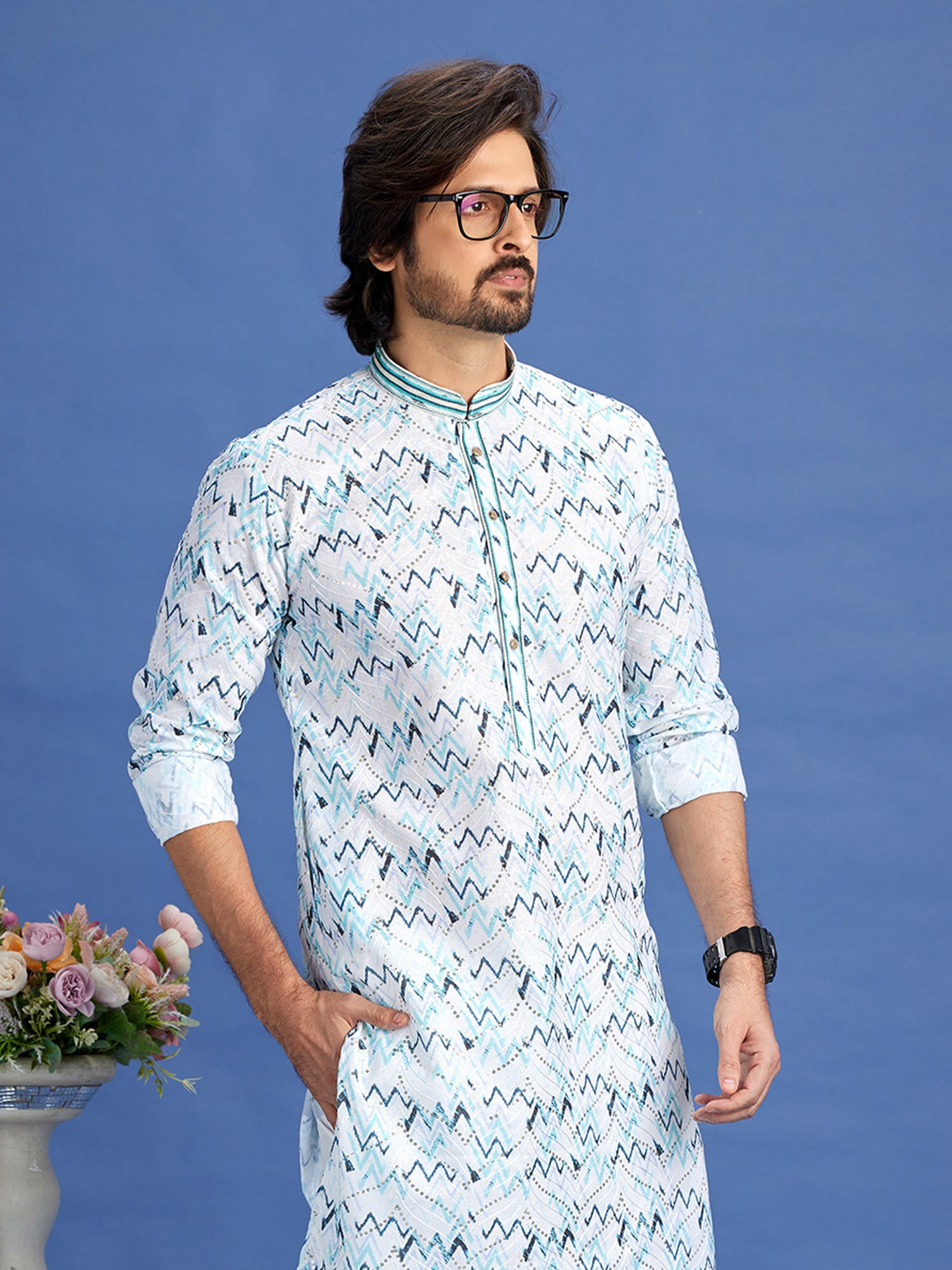 Blue Cotton Kurta With Pant In Print For Mens