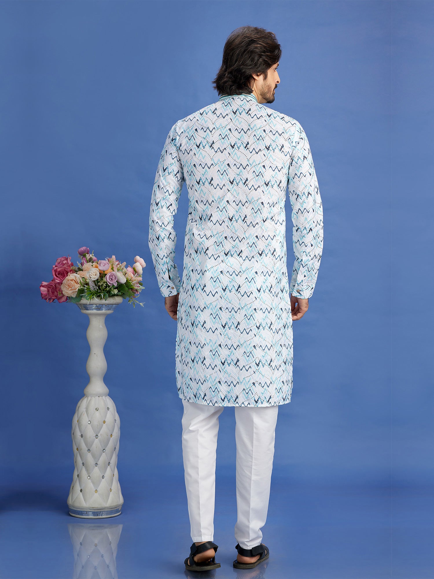Blue Cotton Kurta With Pant In Print For Mens