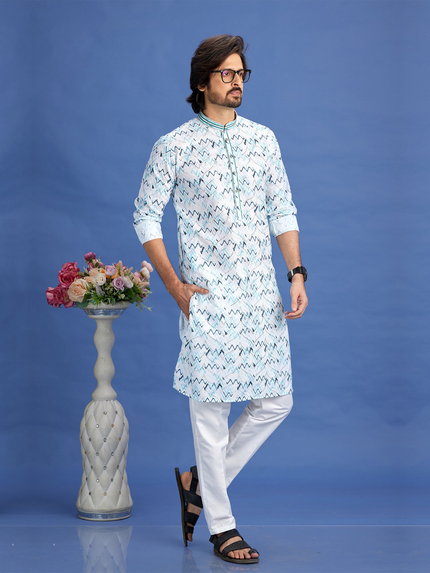 Blue Cotton Kurta With Pant In Print For Mens