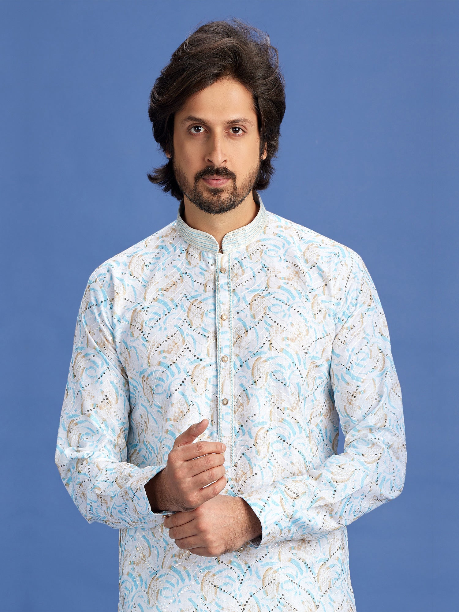 Blue Readymade Printed Kurta With Pant In Cotton