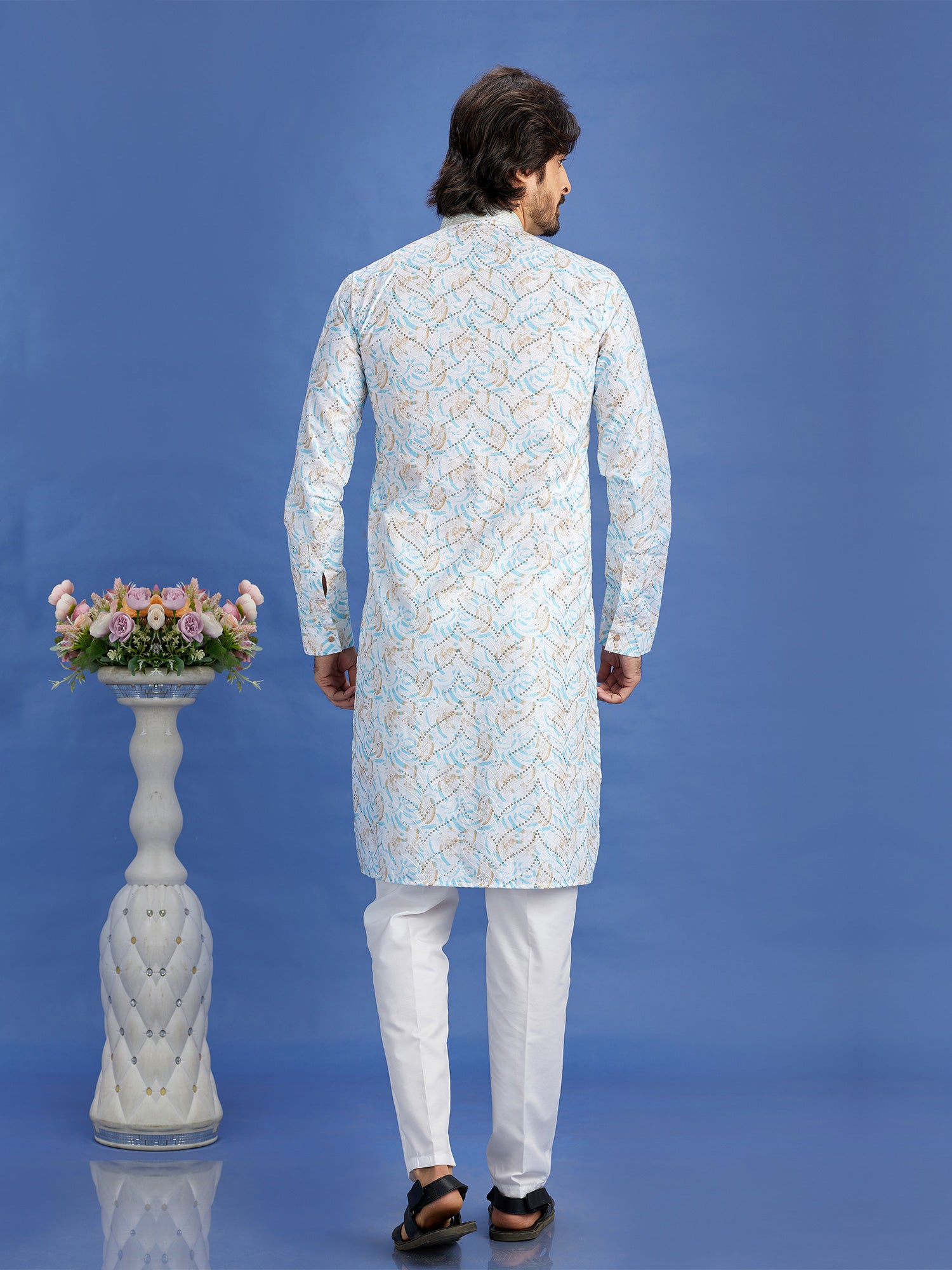 Blue Readymade Printed Kurta With Pant In Cotton