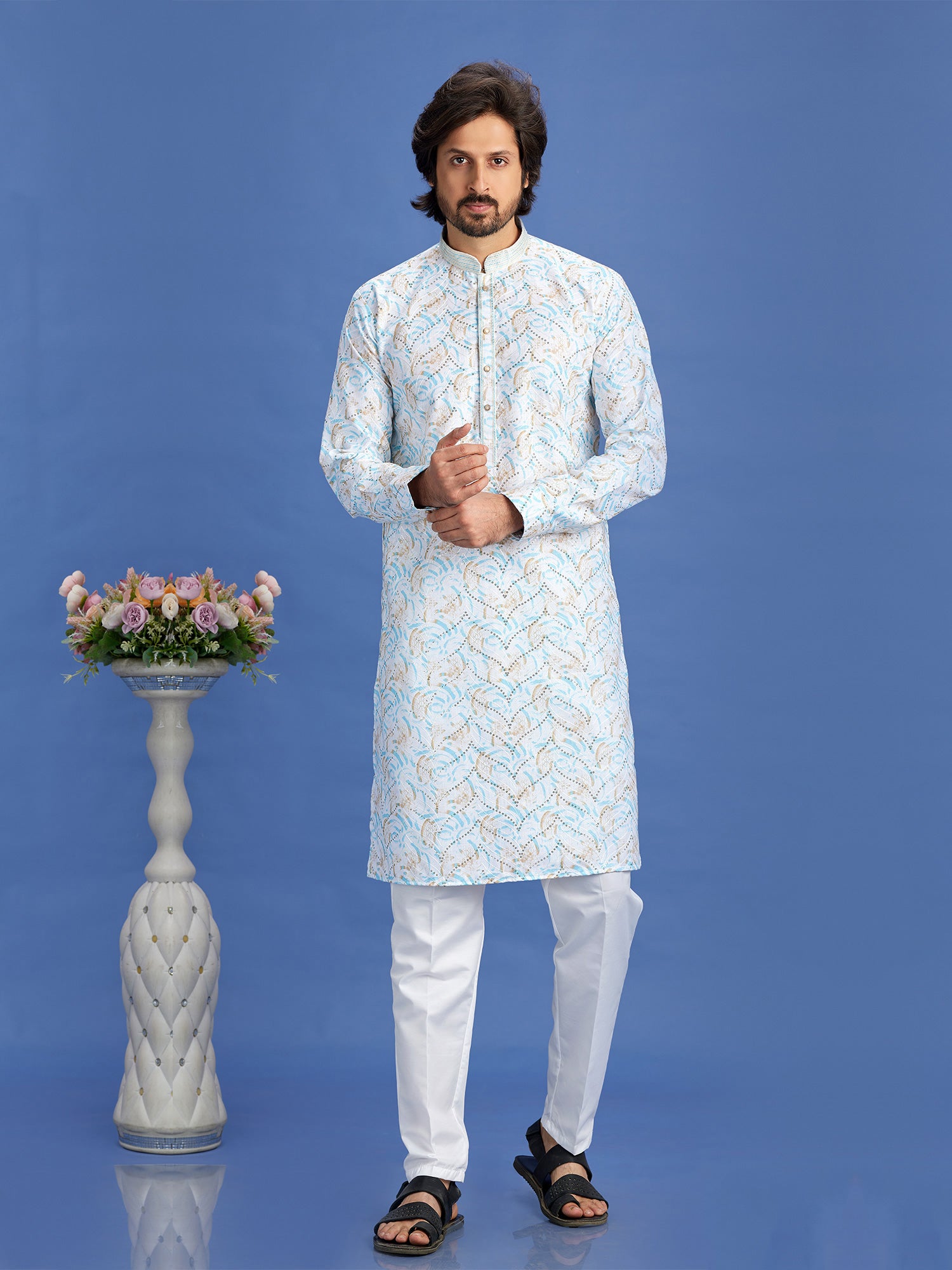 Blue Readymade Printed Kurta With Pant In Cotton