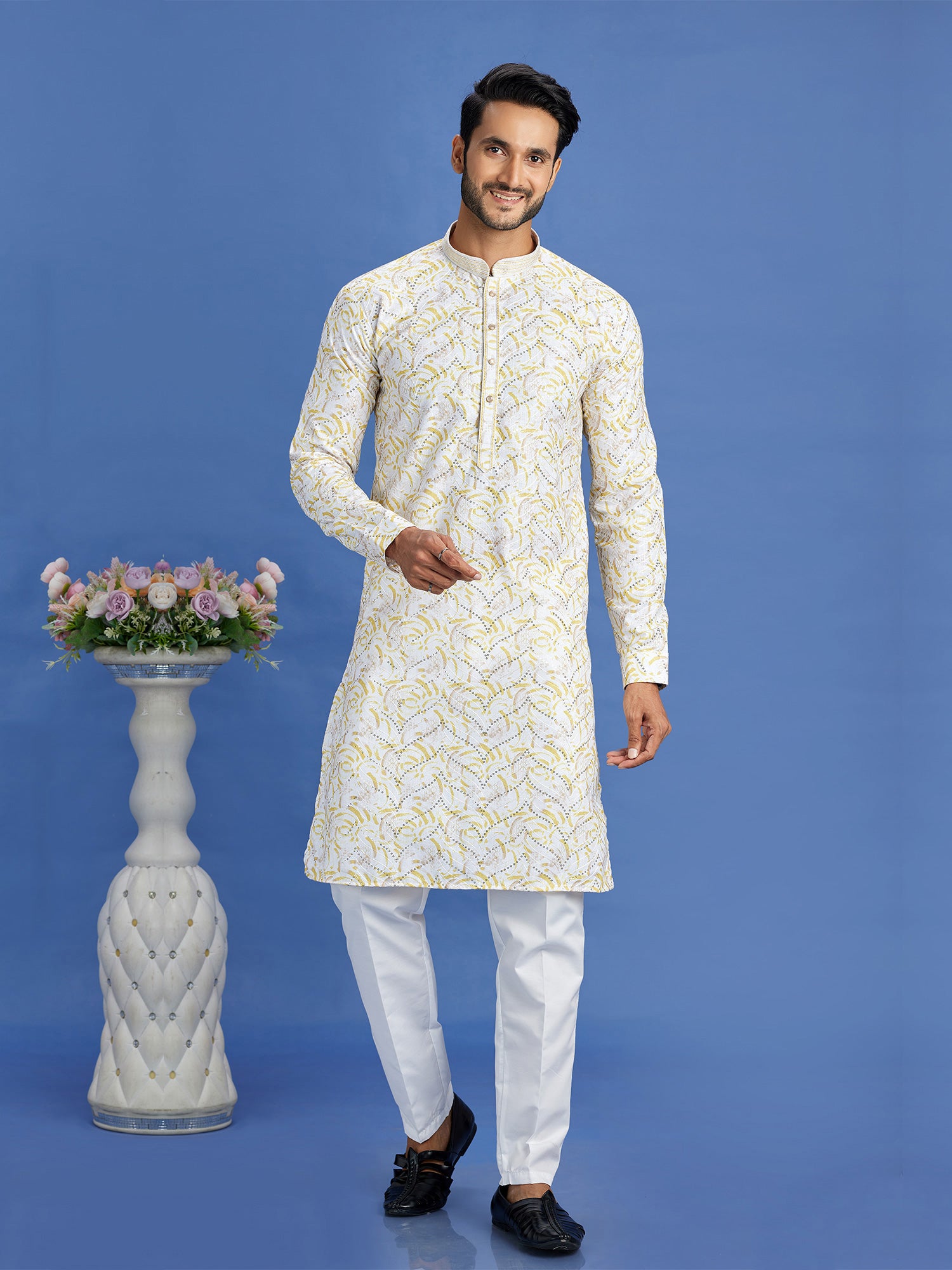 Cream Sequins Embellished Readymade Kurta Pyjama