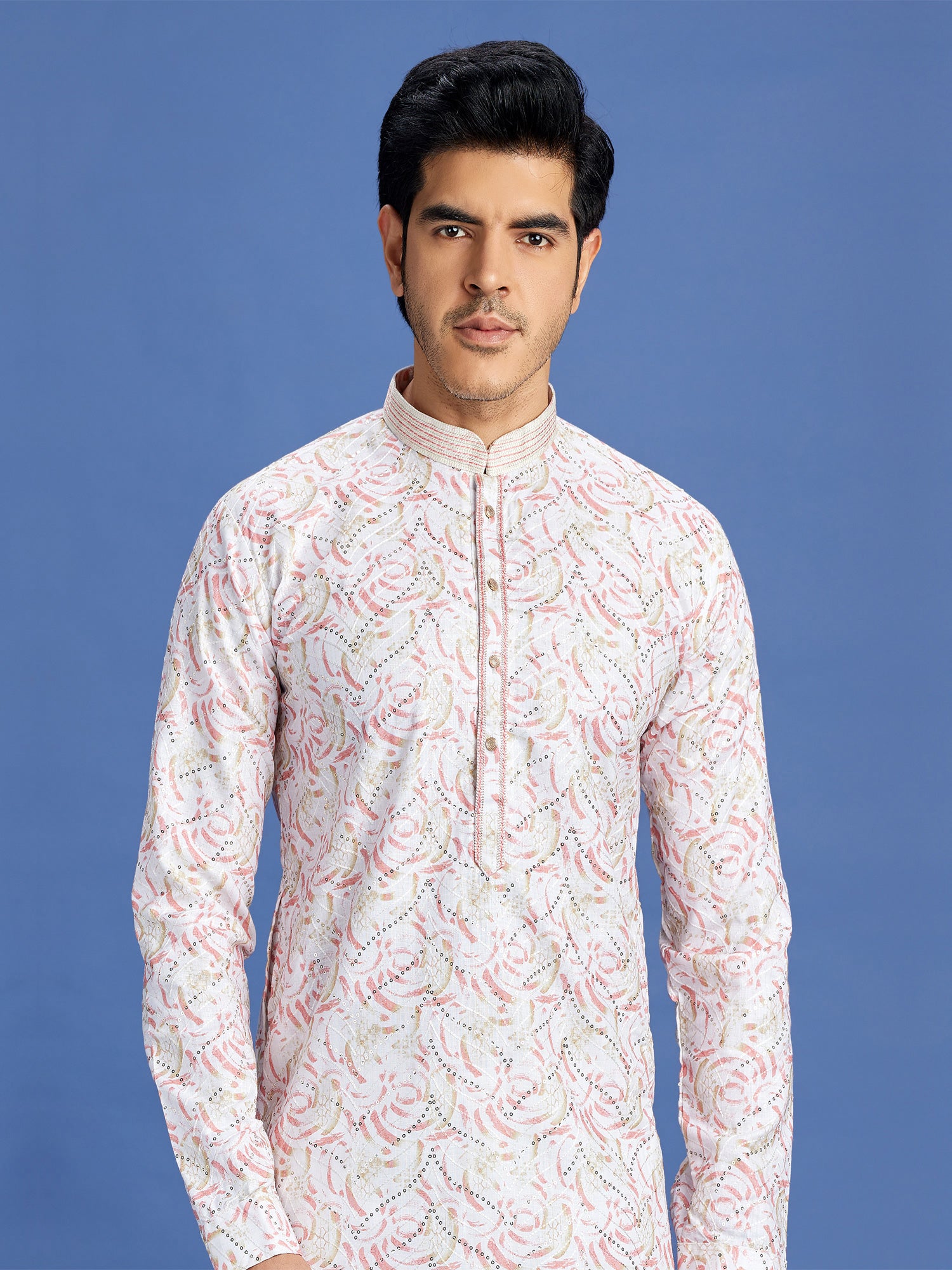 Pink Printed Readymade Kurta Set For Mens In Cotton