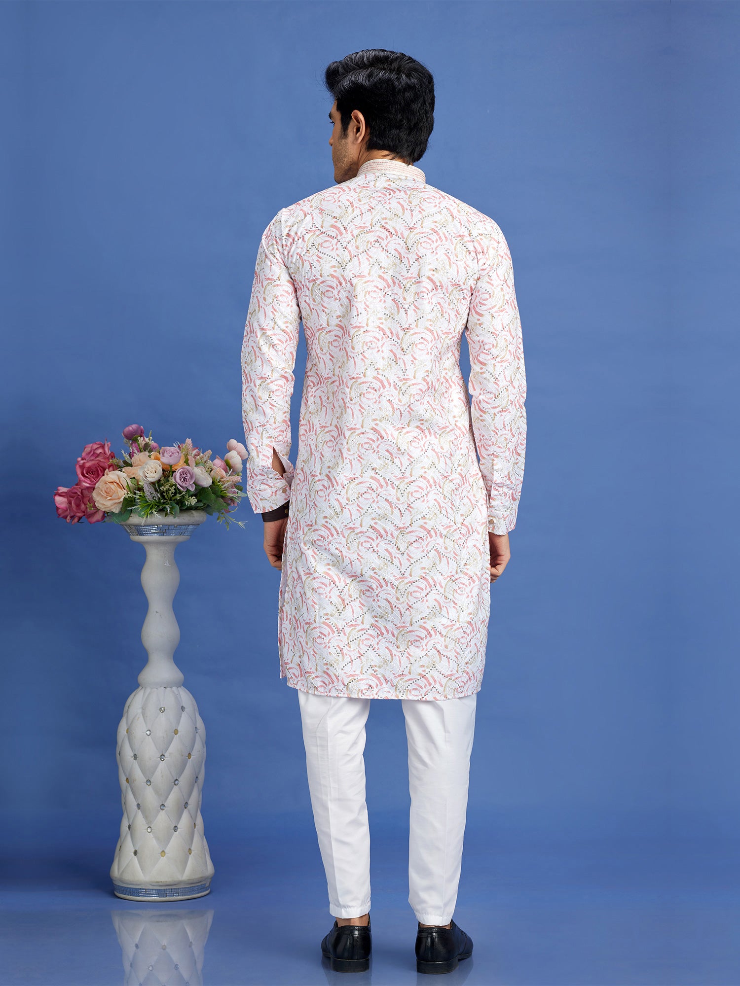 Pink Printed Readymade Kurta Set For Mens In Cotton