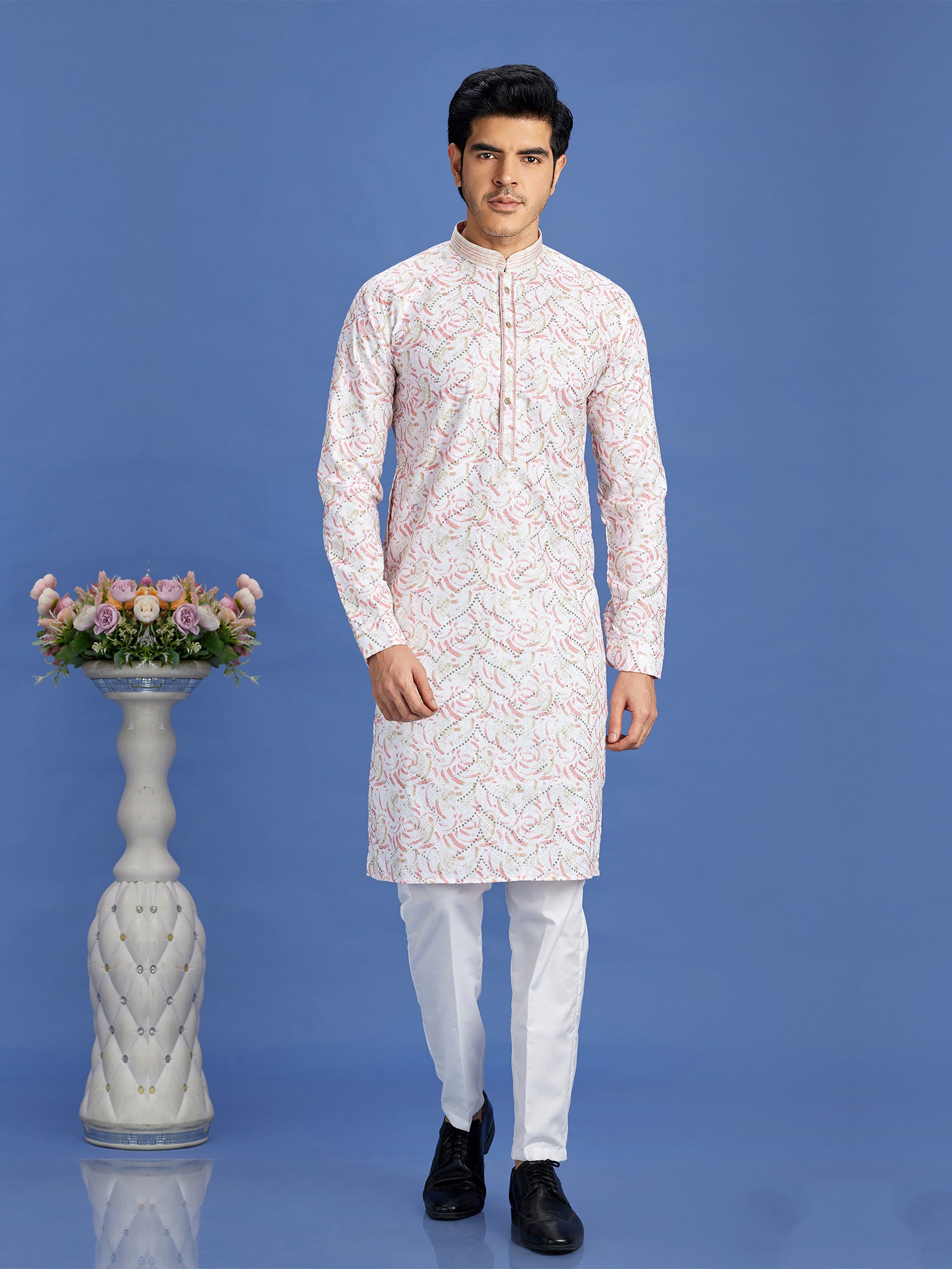 Pink Printed Readymade Kurta Set For Mens In Cotton