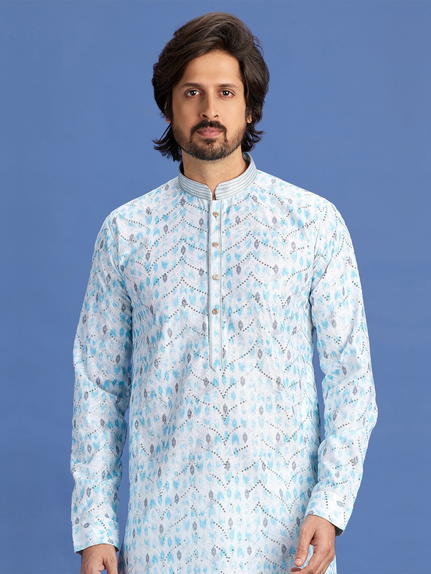 Blue Readymade Kurta Pyjama Set For Mens In Cotton