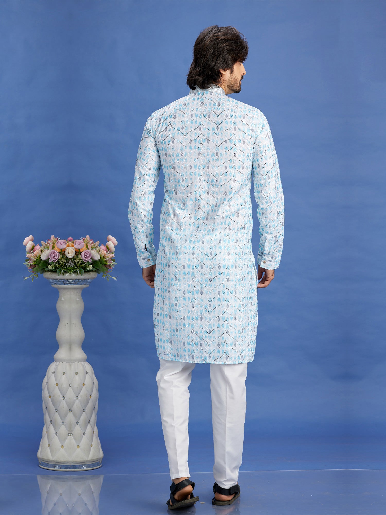 Blue Readymade Kurta Pyjama Set For Mens In Cotton