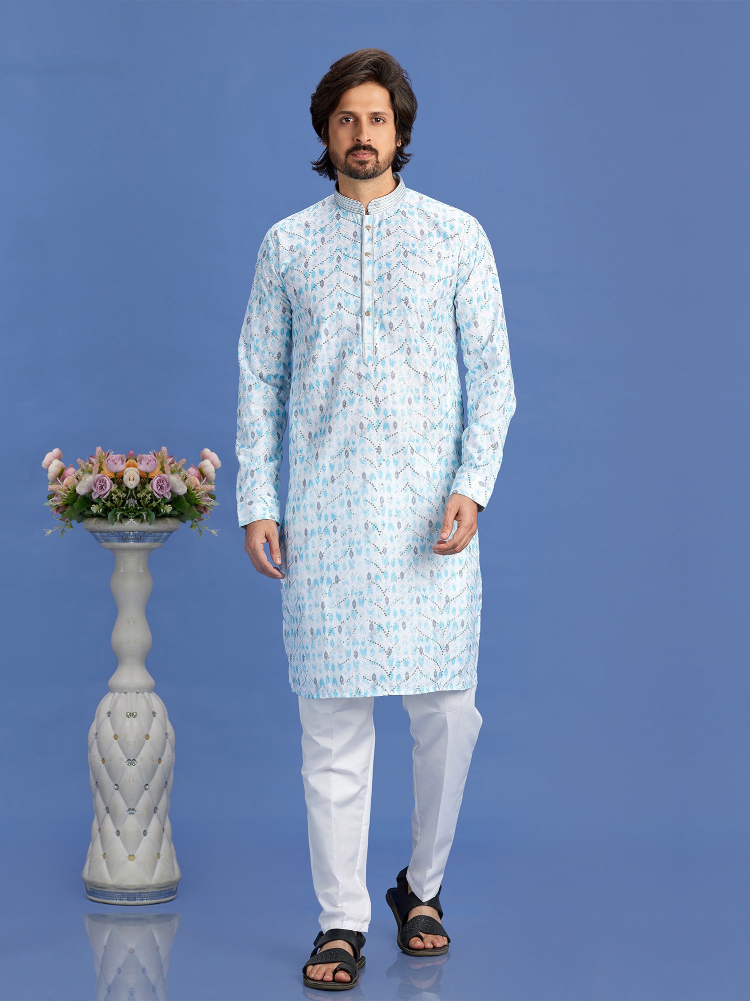 Blue Readymade Kurta Pyjama Set For Mens In Cotton