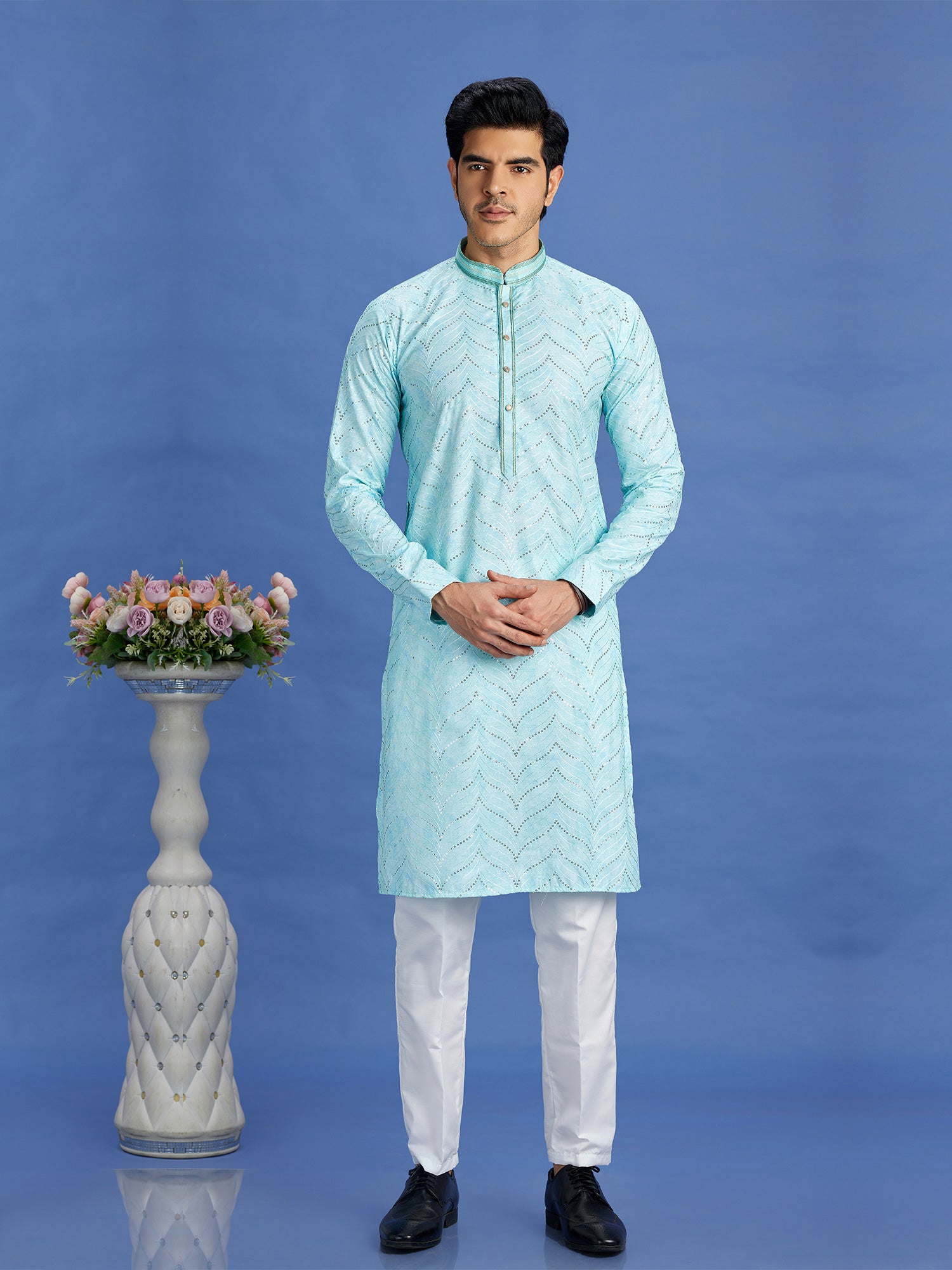 Sky Blue Sequins Embellished Readymade Kurta Set