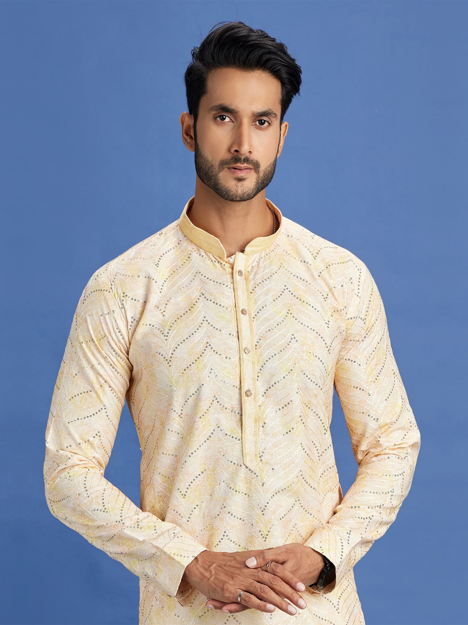 Cream Festive Cotton Kurta Pyjama Set In Sequin Work