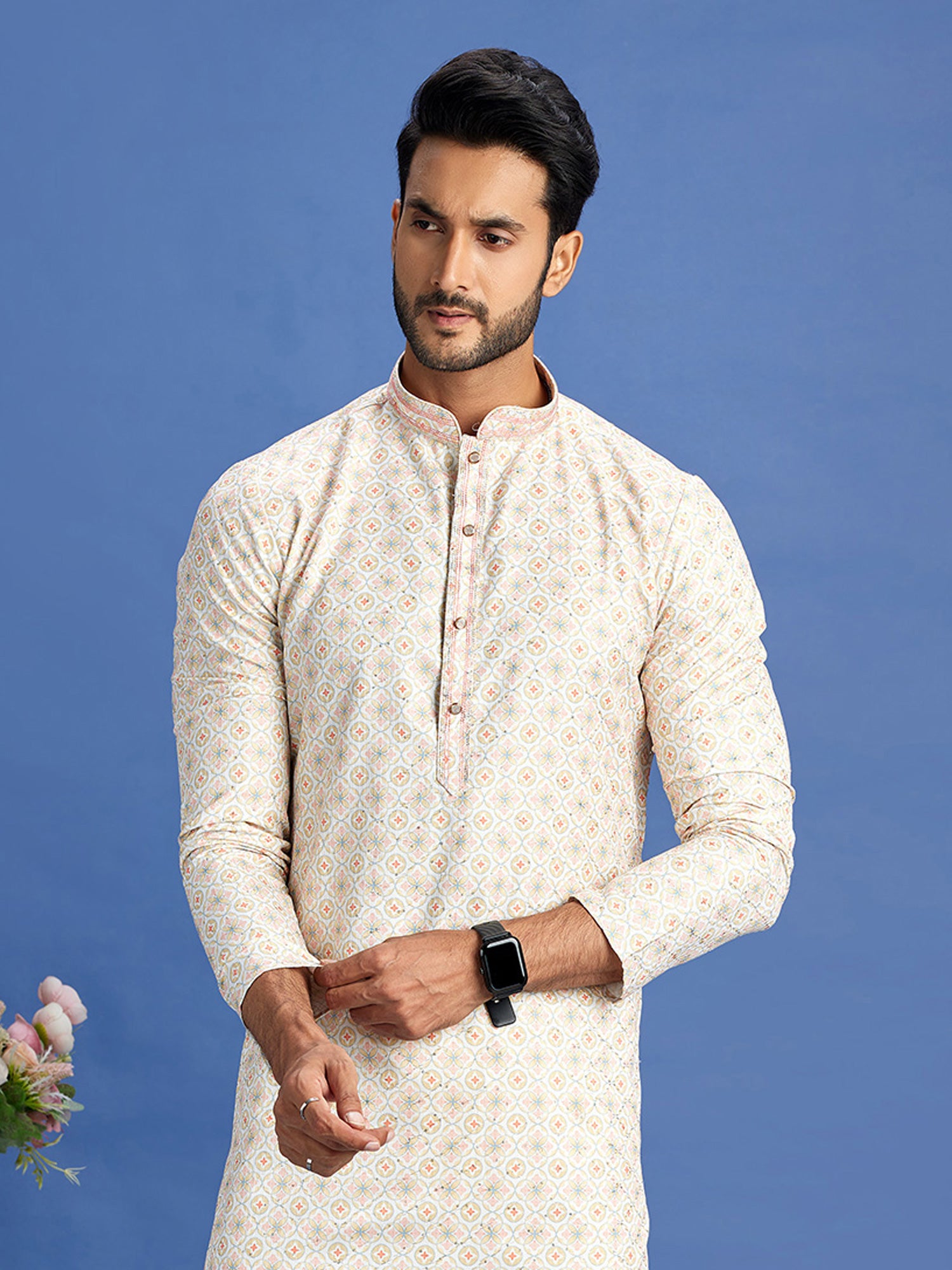 Light Pink Printed Readymade Kurta With Pant In Cotton
