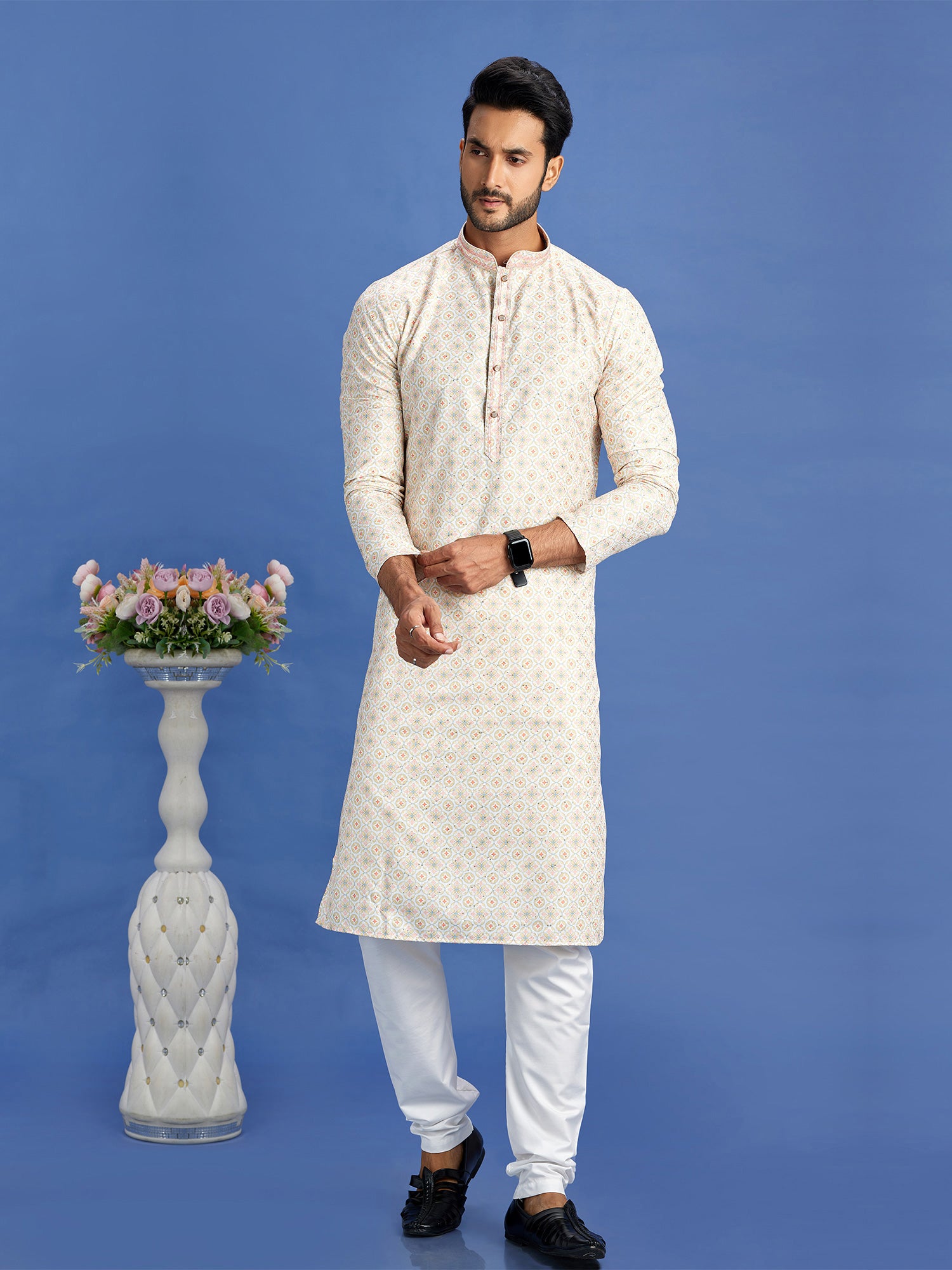 Light Pink Printed Readymade Kurta With Pant In Cotton