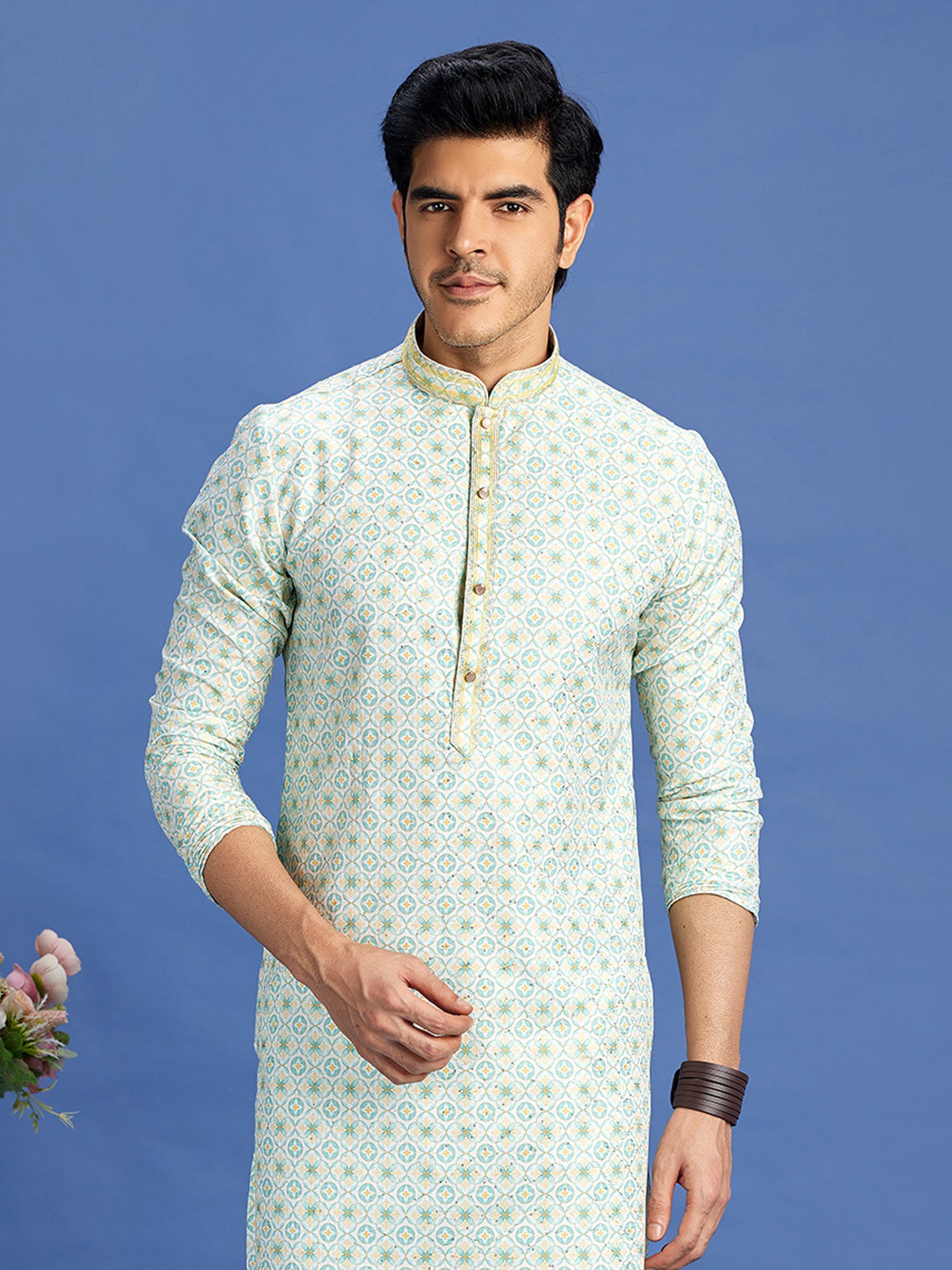 Light Blue Casual Kurta Set For Mens In Cotton