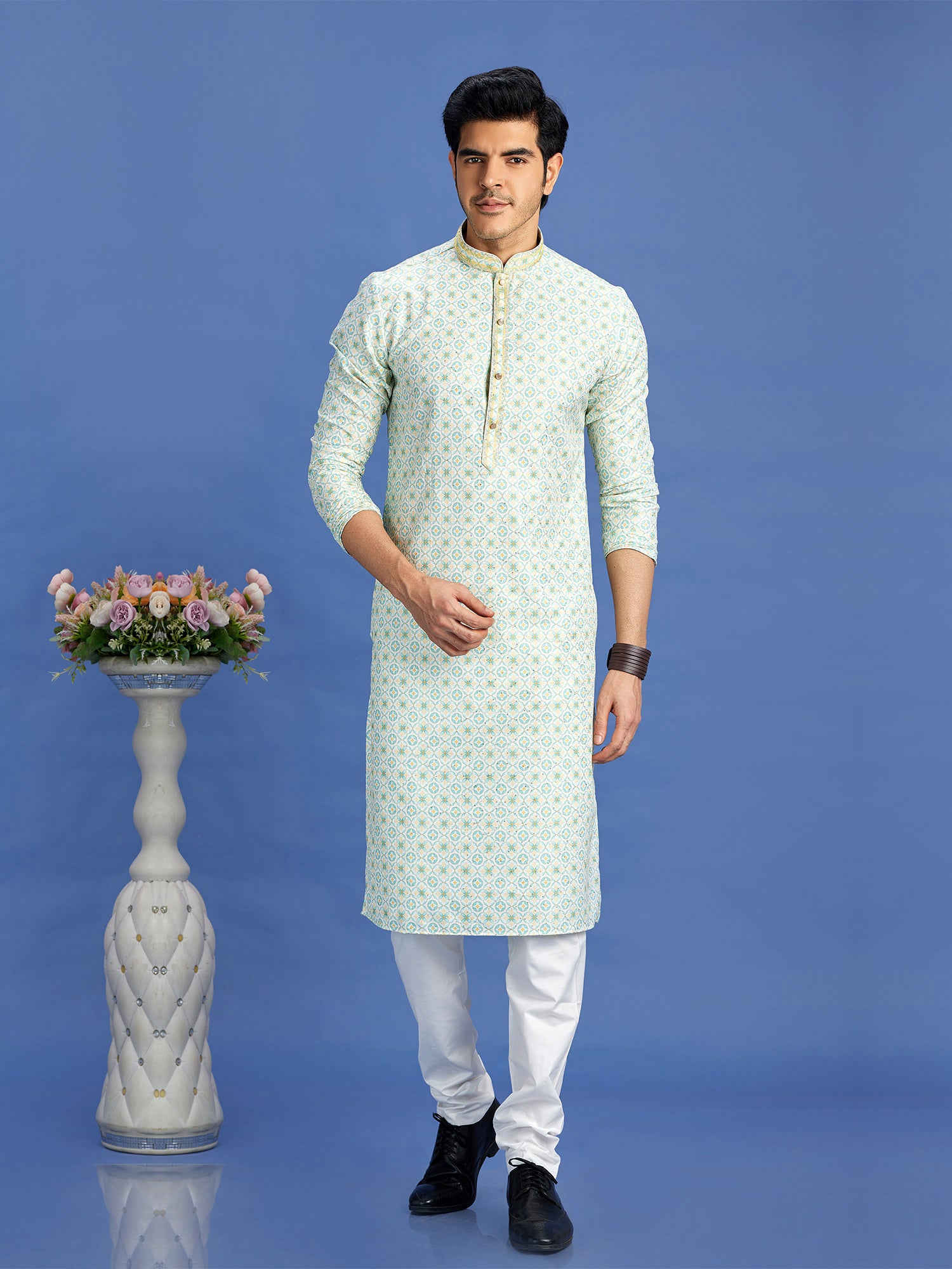 Light Blue Casual Kurta Set For Mens In Cotton