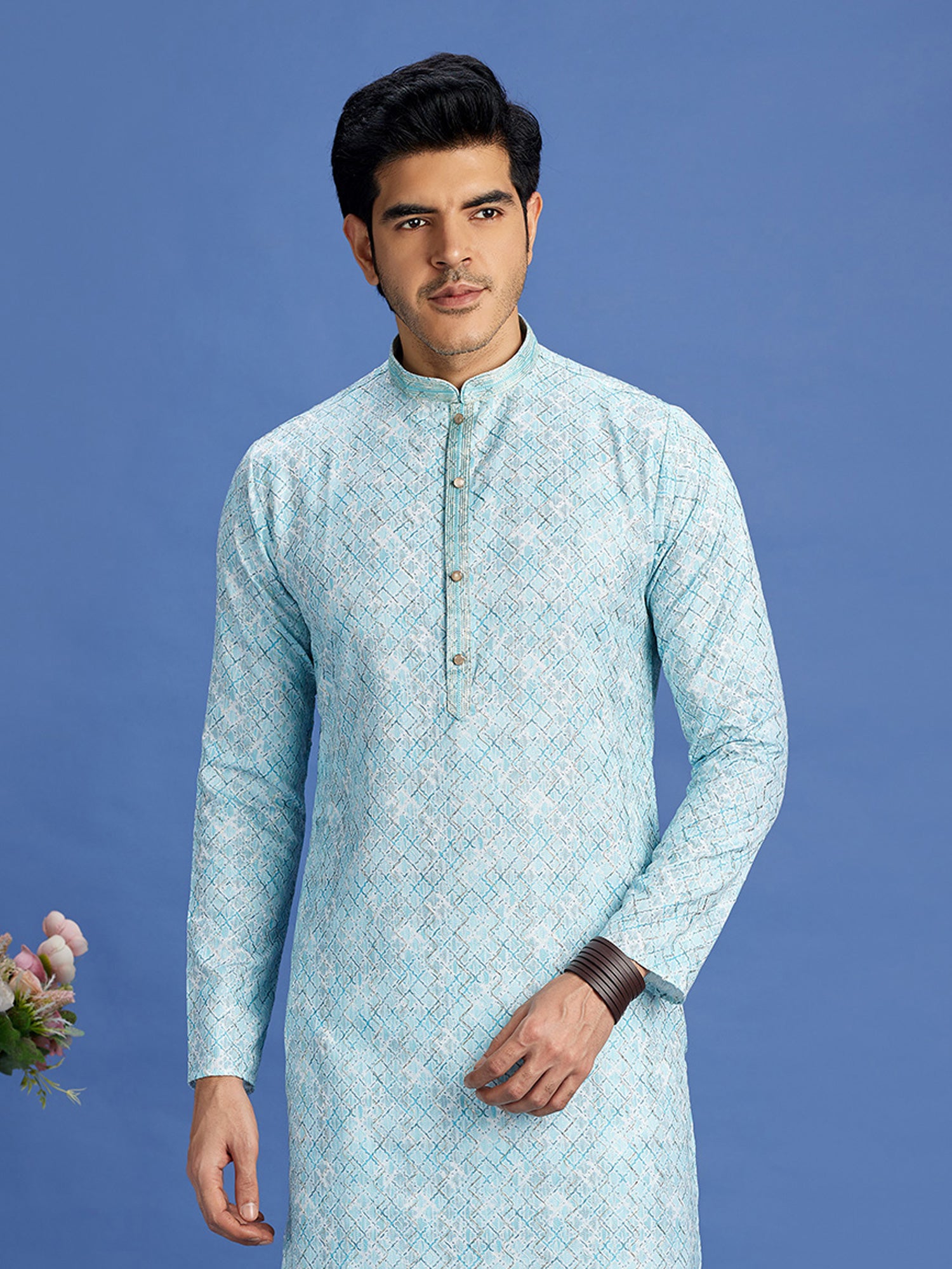 Sky Blue Printed Festive Wear Cotton Kurta Pyjama