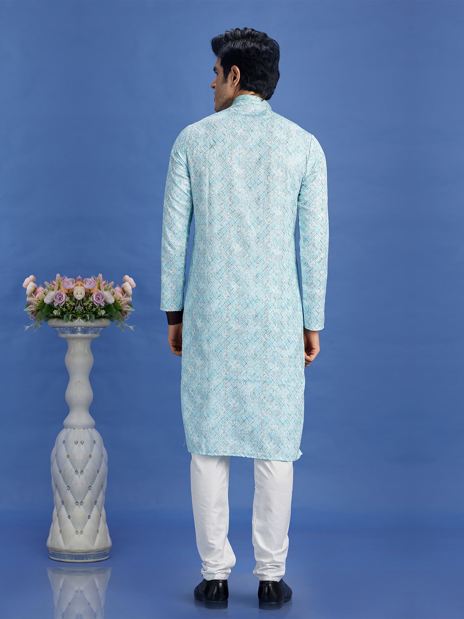 Sky Blue Printed Festive Wear Cotton Kurta Pyjama