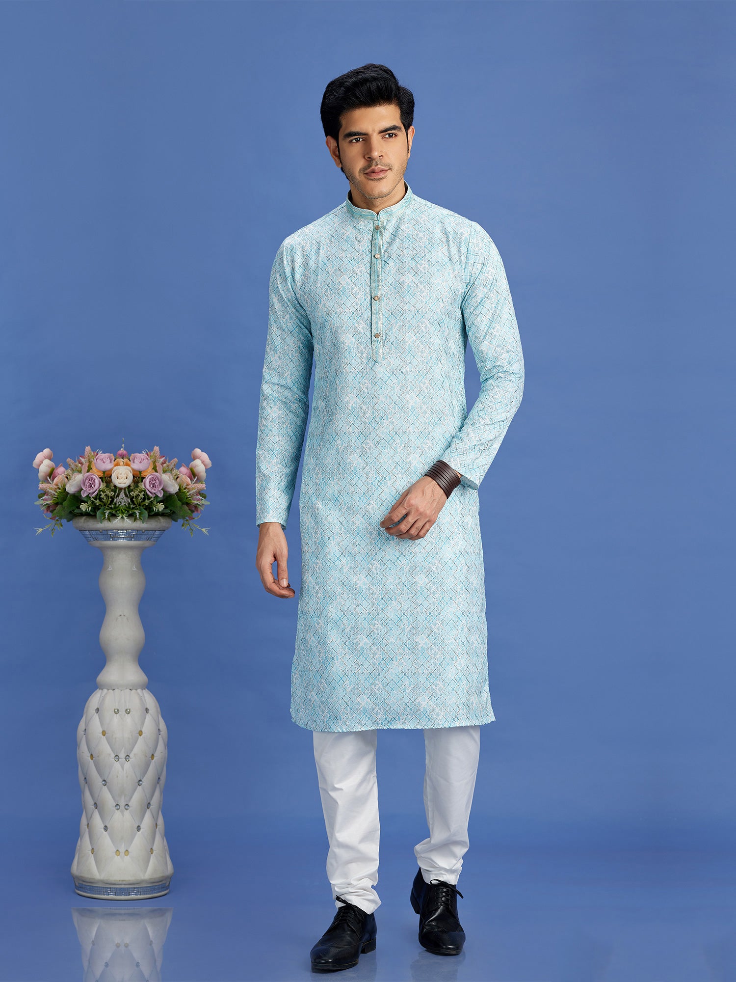 Sky Blue Printed Festive Wear Cotton Kurta Pyjama