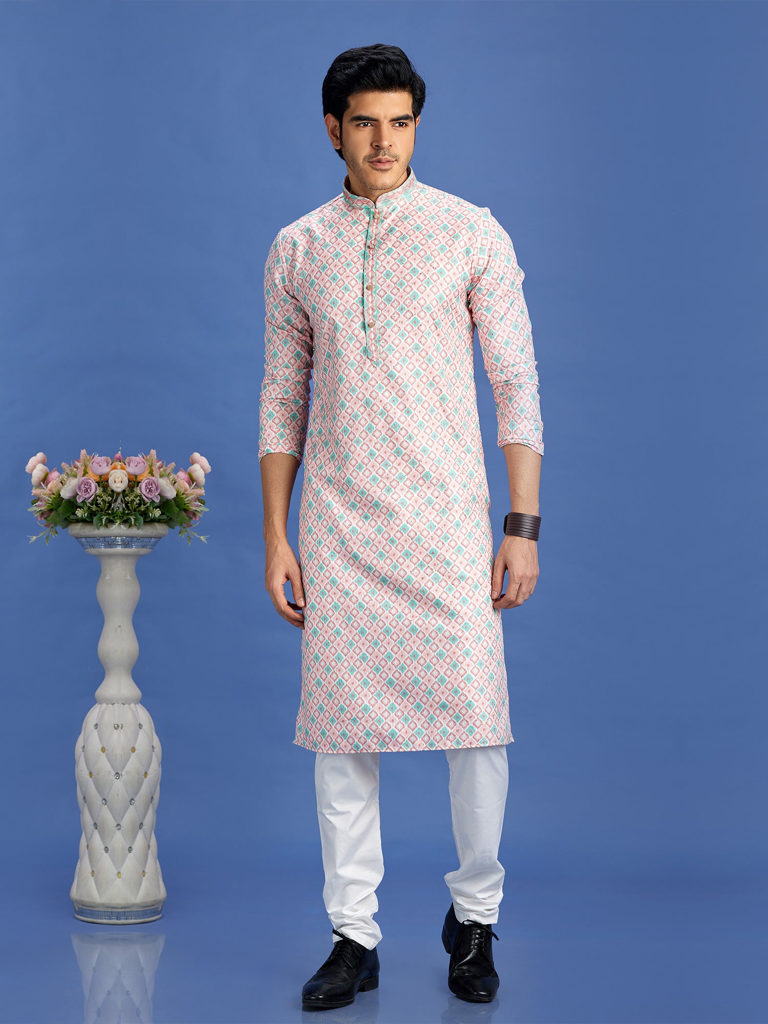 Pink Casual Readymade Kurta Pyjama Set For Mens
